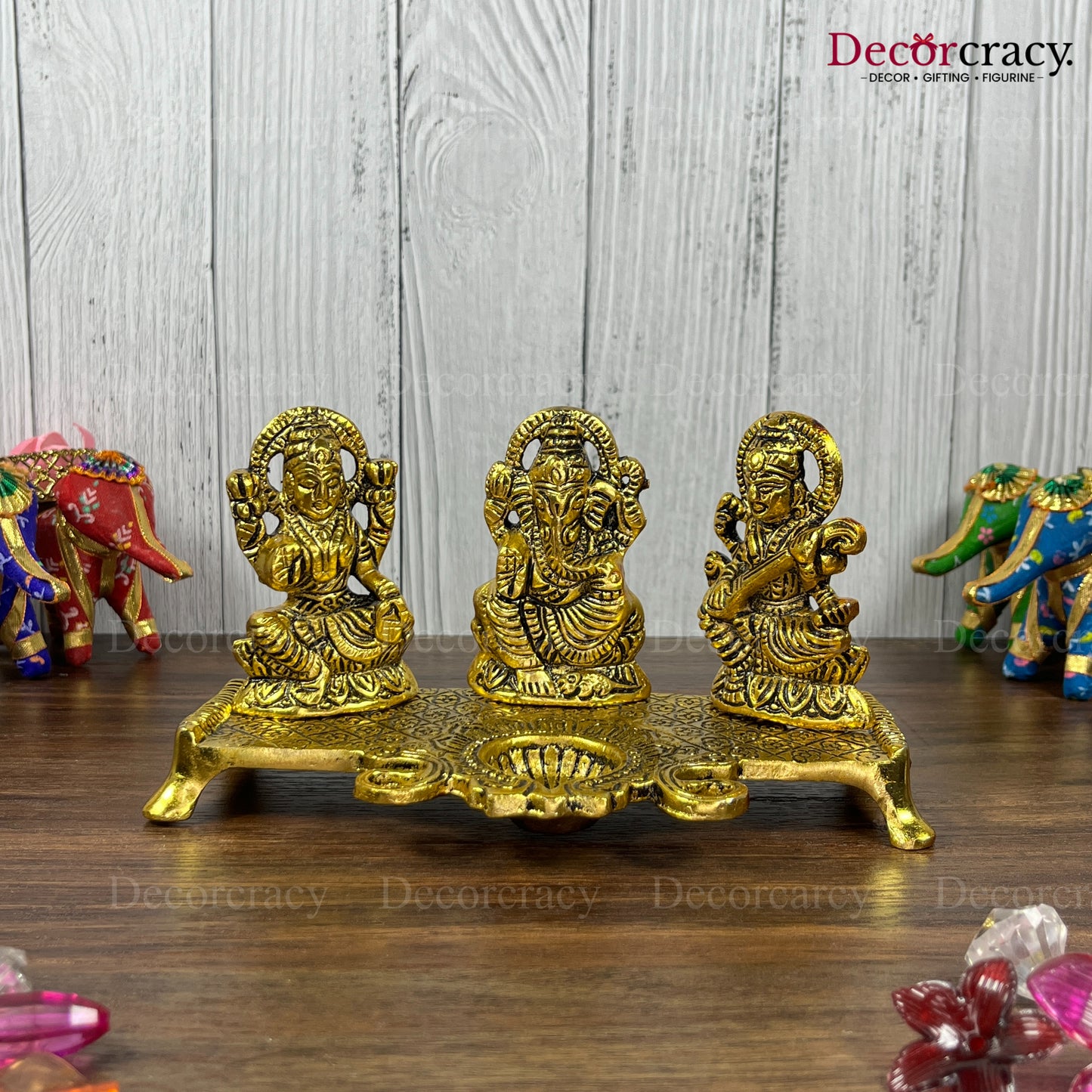 Shree Lakshmi Ganesh Saraswati Deepak Metal golden