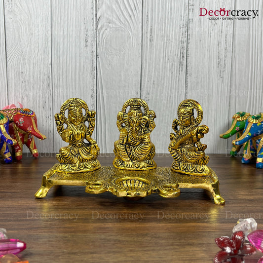 Shree Lakshmi Ganesh Saraswati Deepak Metal golden