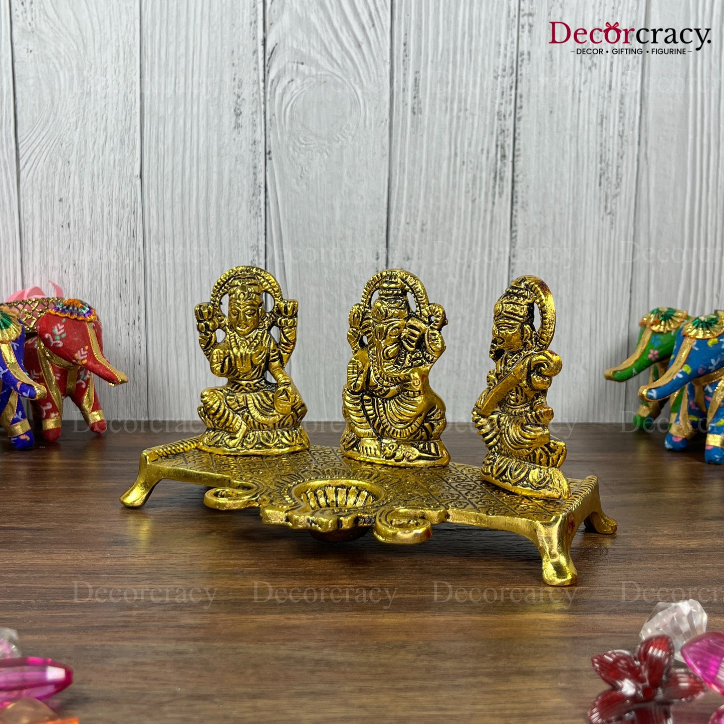 Shree Lakshmi Ganesh Saraswati Deepak Metal golden