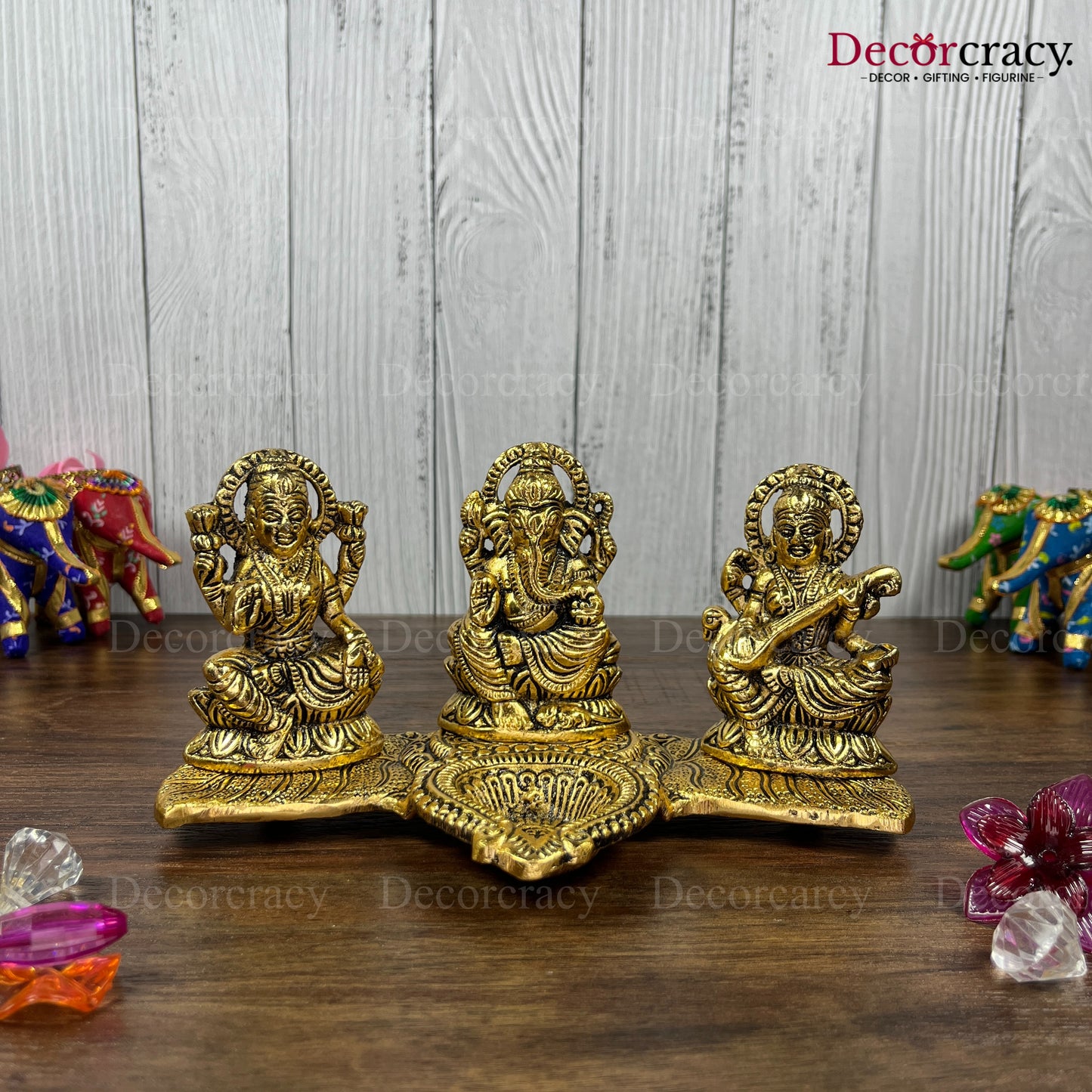 Shree Lakshmi Ganesh Saraswati Deepak Metal golden