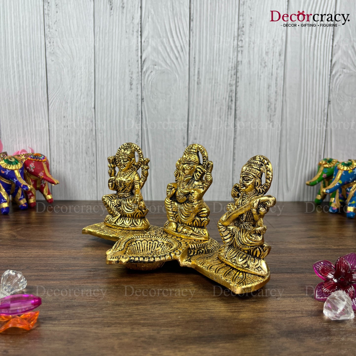 Shree Lakshmi Ganesh Saraswati Deepak Metal golden