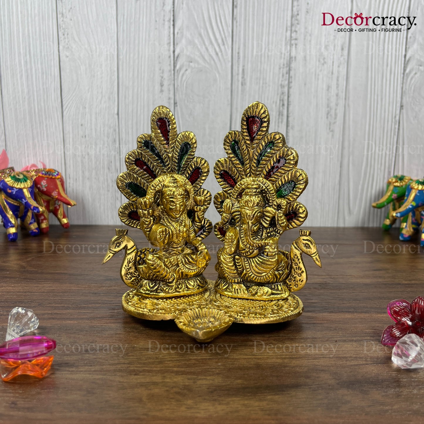Shree Lakshmi Ganesh Mor Deepak Metal golden
