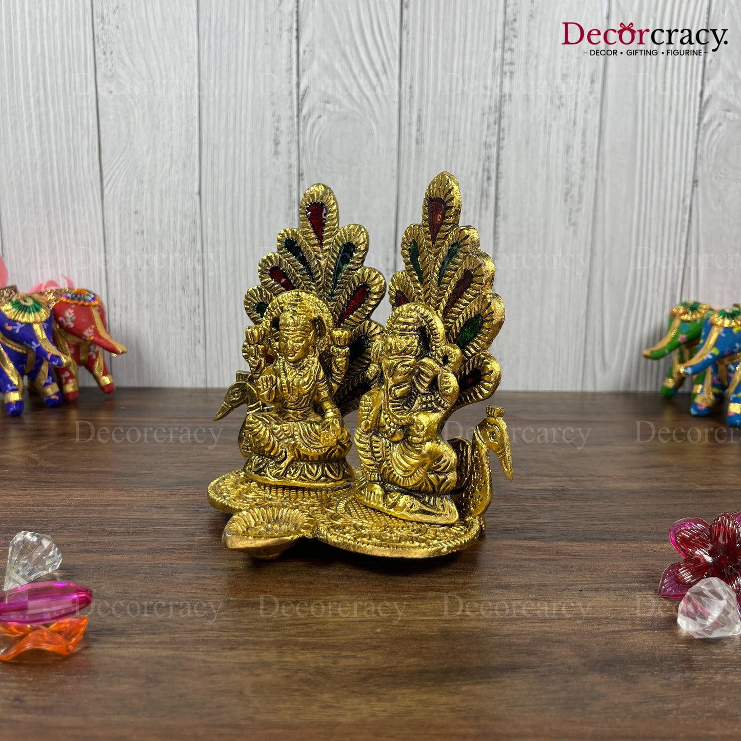 Shree Lakshmi Ganesh Mor Deepak Metal golden