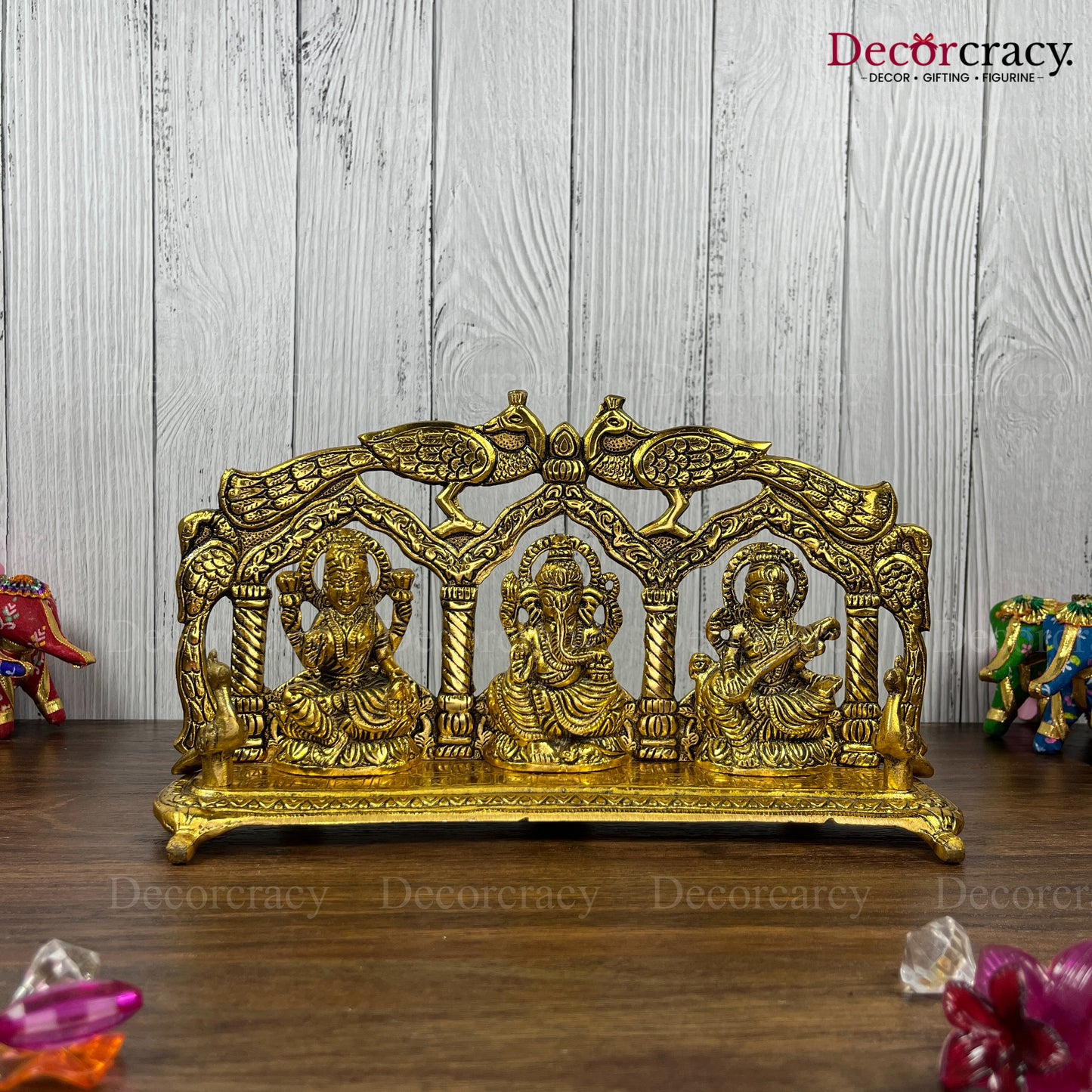 Shree Lakshmi Ganesh Saraswati Peacock Metal golden