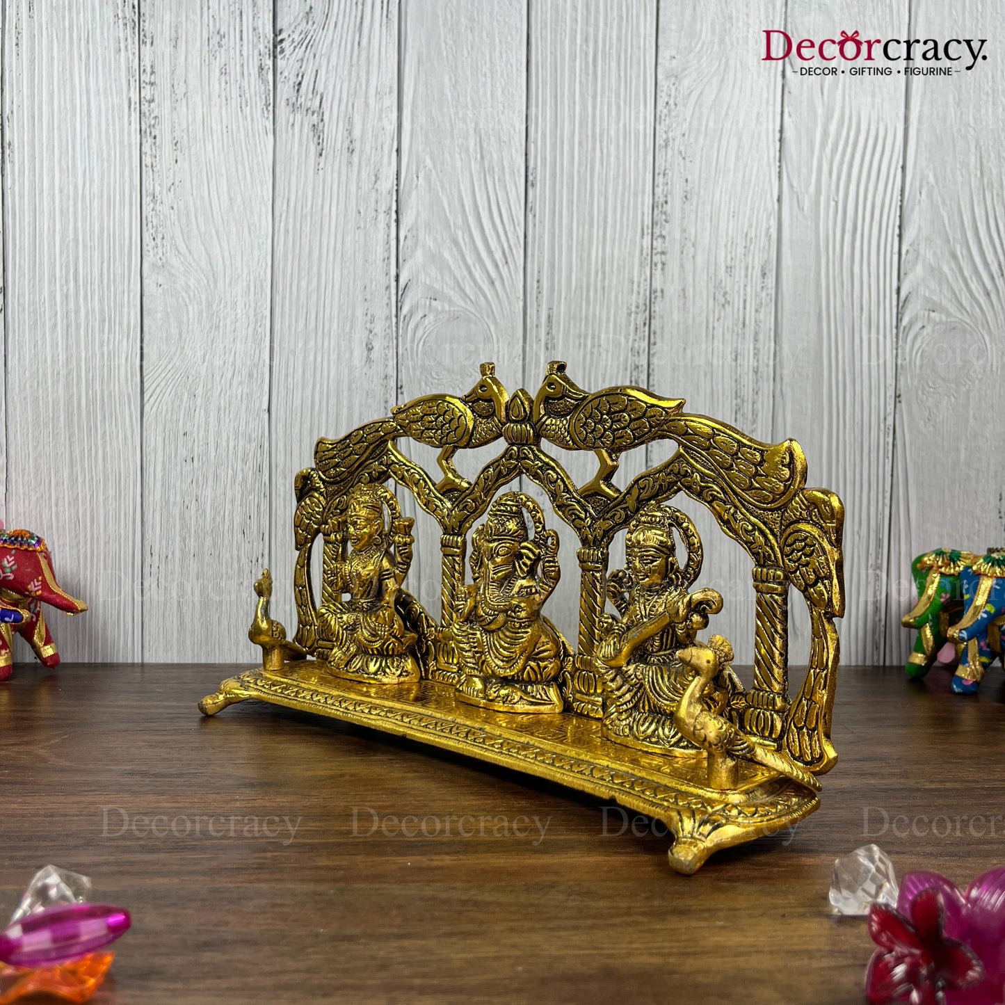 Shree Lakshmi Ganesh Saraswati Peacock Metal golden