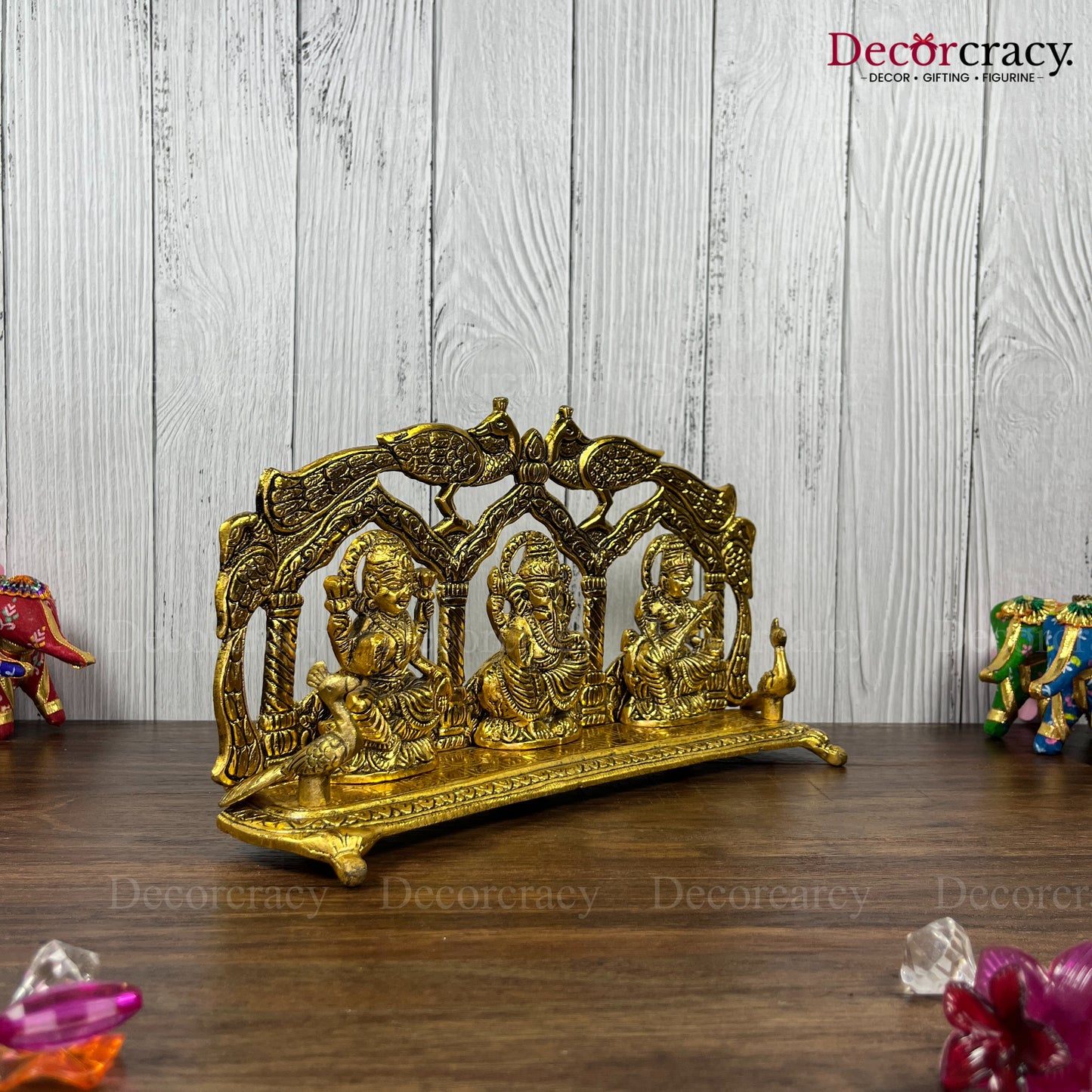 Shree Lakshmi Ganesh Saraswati Peacock Metal golden