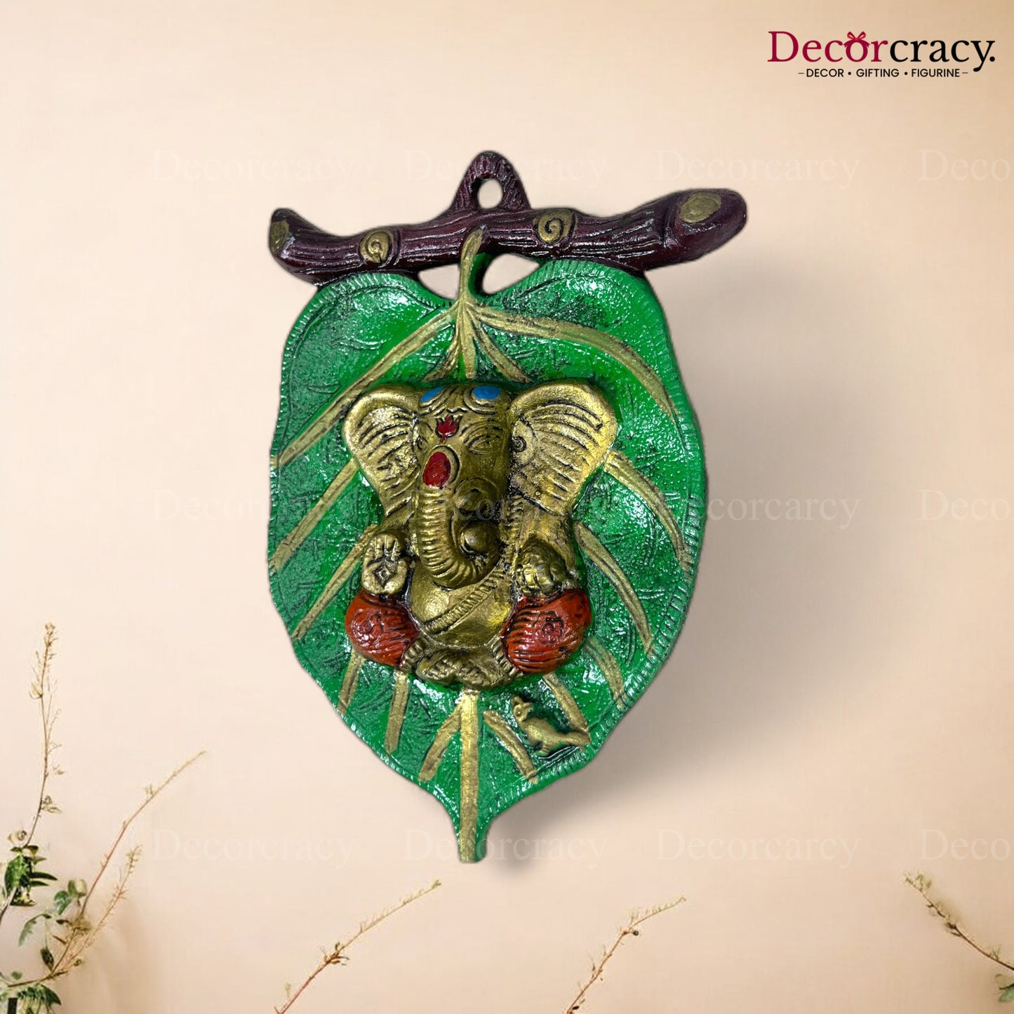 Shree Ganesh Leaf Green Metal Multicolor