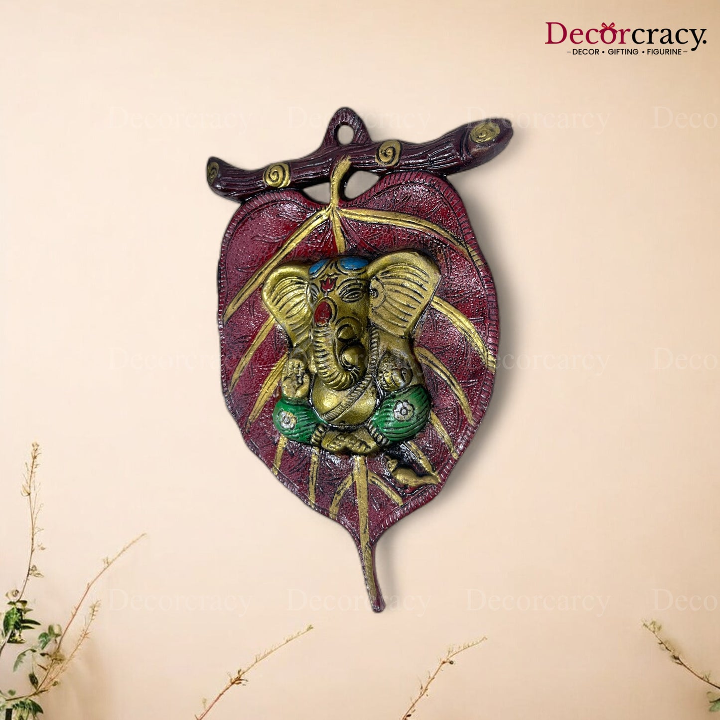 Shree Ganesh Leaf Red Metal Multicolor