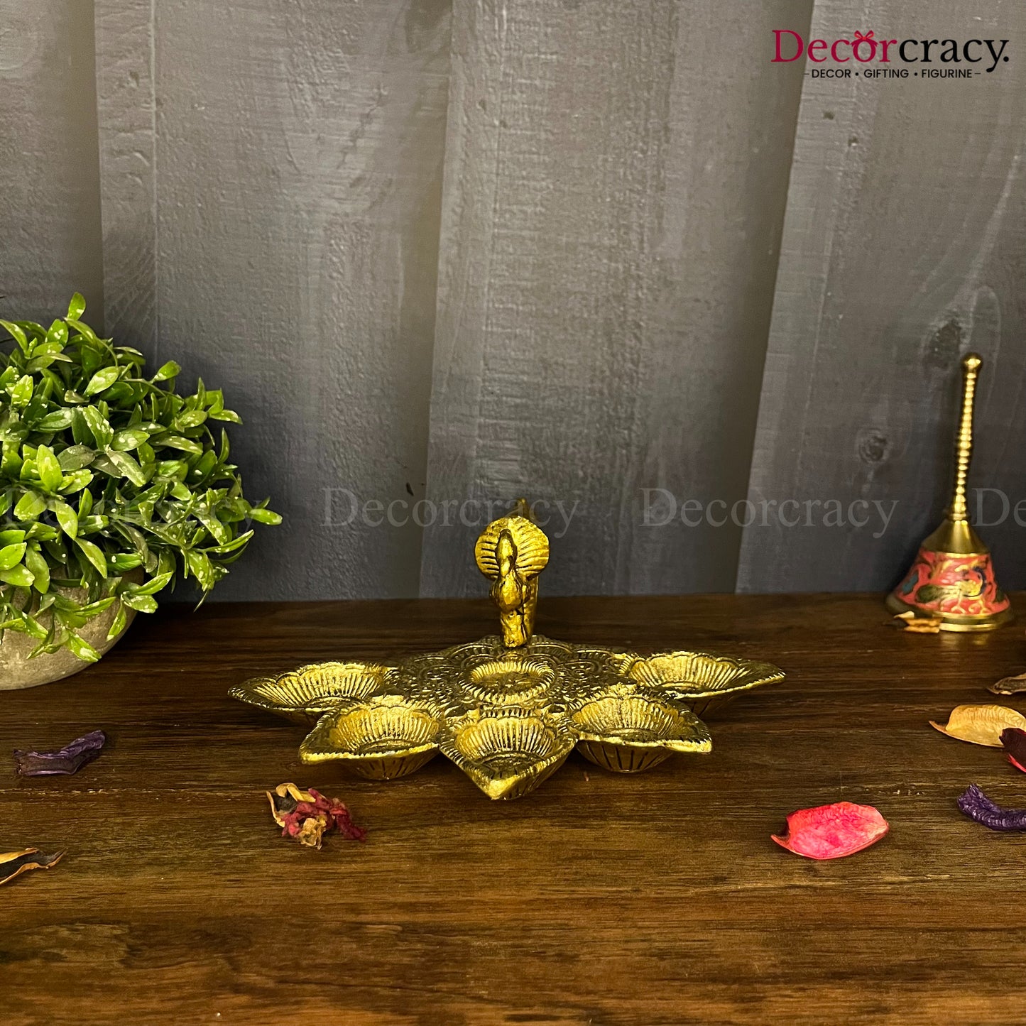 5 Batti Peacock Aarti Deepak with Handle Mor Metal golden