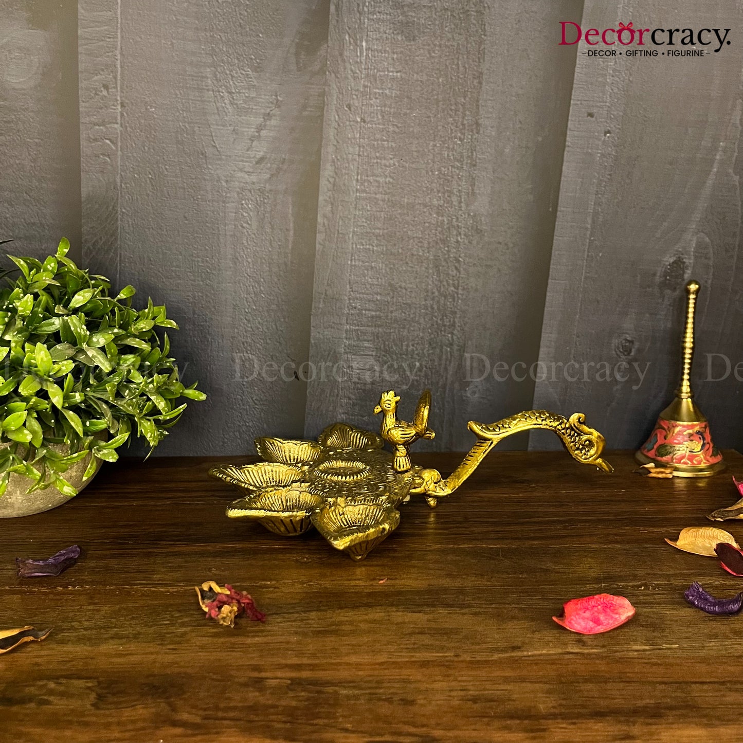 5 Batti Peacock Aarti Deepak with Handle Mor Metal golden