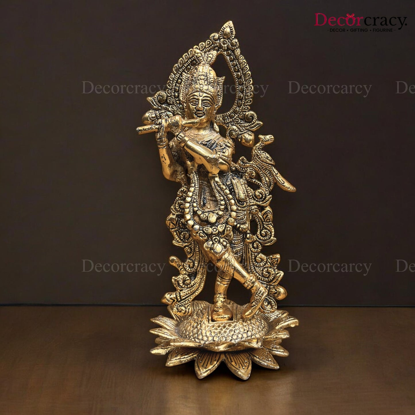 Shree Krishna with Flute on Lotus Metal golden