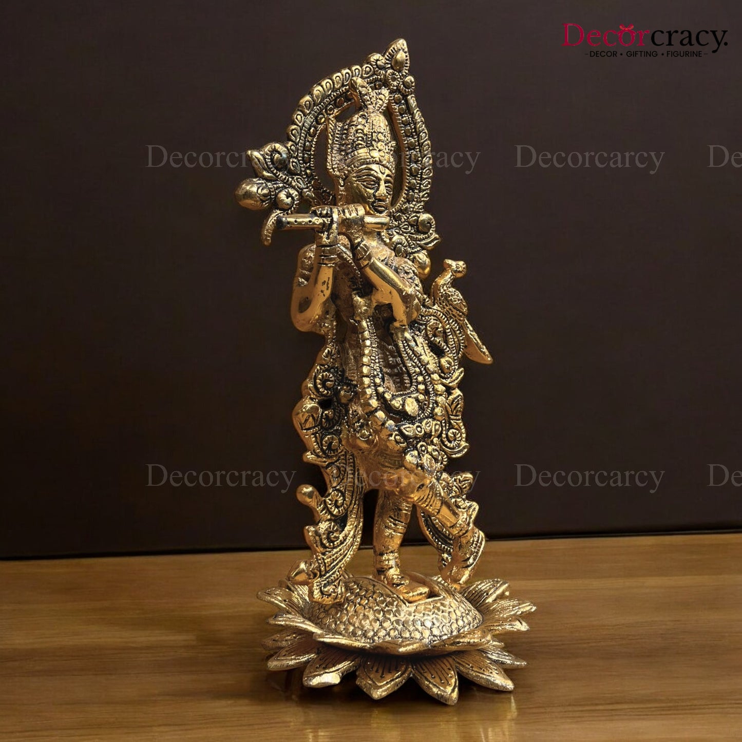 Shree Krishna with Flute on Lotus Metal golden