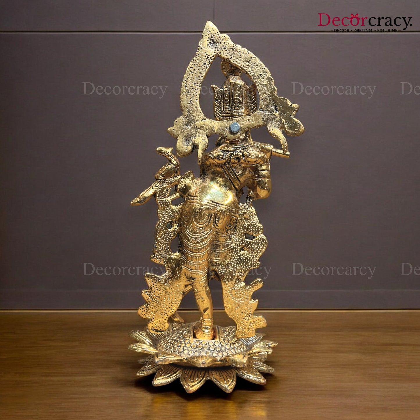 Shree Krishna with Flute on Lotus Metal golden