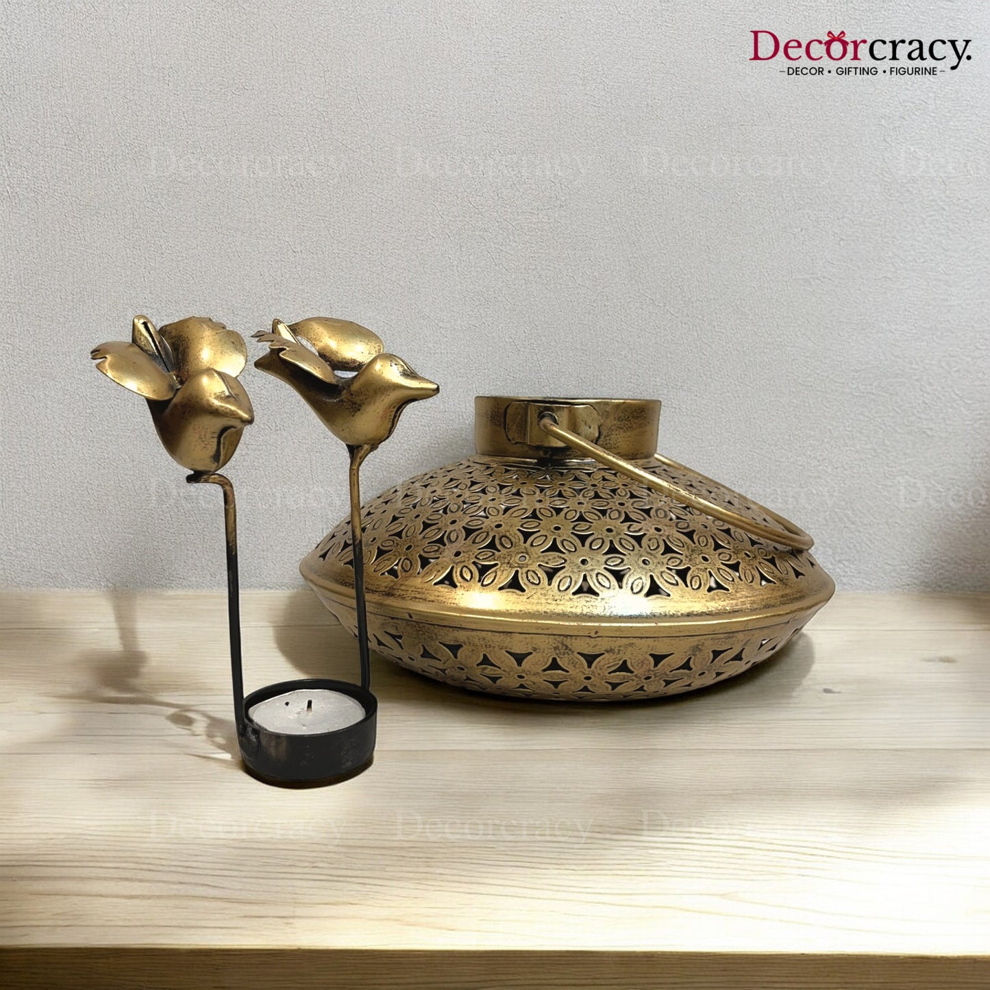 Bird Degchi Iron Antique Golden Netted Design Tealight Candle Holder Stand Tribal Village Art