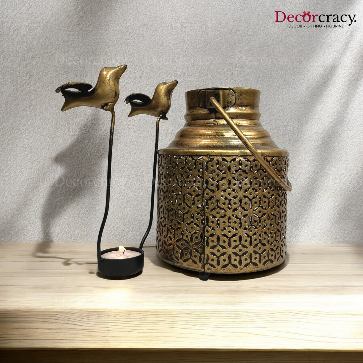 Bird Pot Ketley design Iron Antique Golden Netted Design Tealight Candle Holder Stand Tribal Village Art