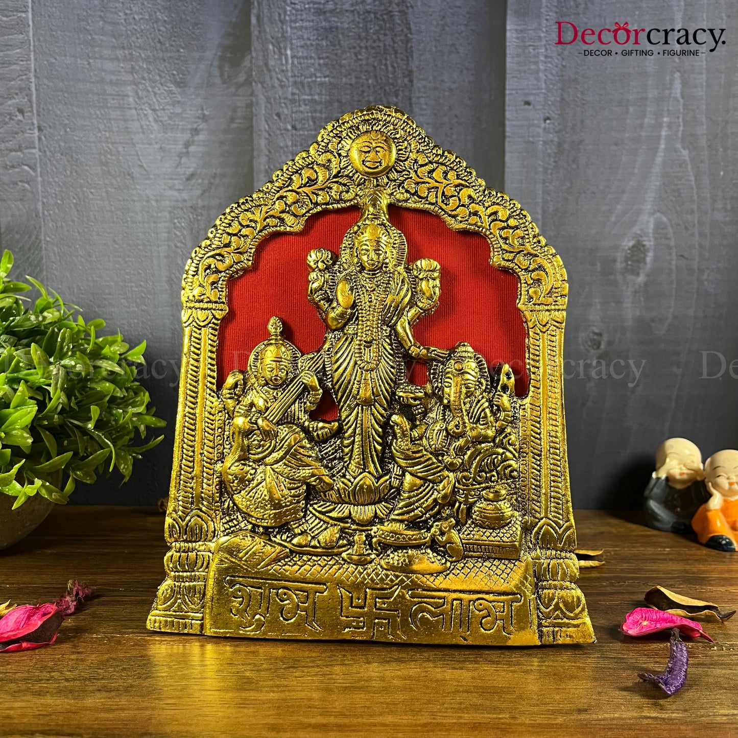 Shree Lakshmi Ganesh Saraswati Frame Wall Hanging Metal golden