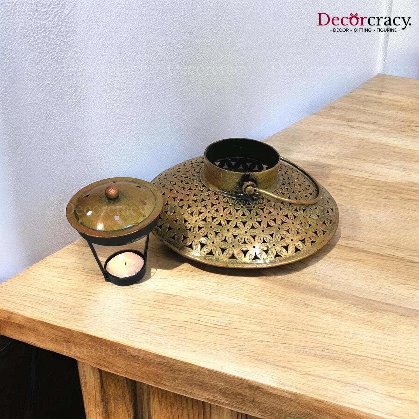 Dhoop Dhani Loban Incense Burner Iron Antique Golden Netted Design Tealight Candle Holder Stand Tribal Village Art