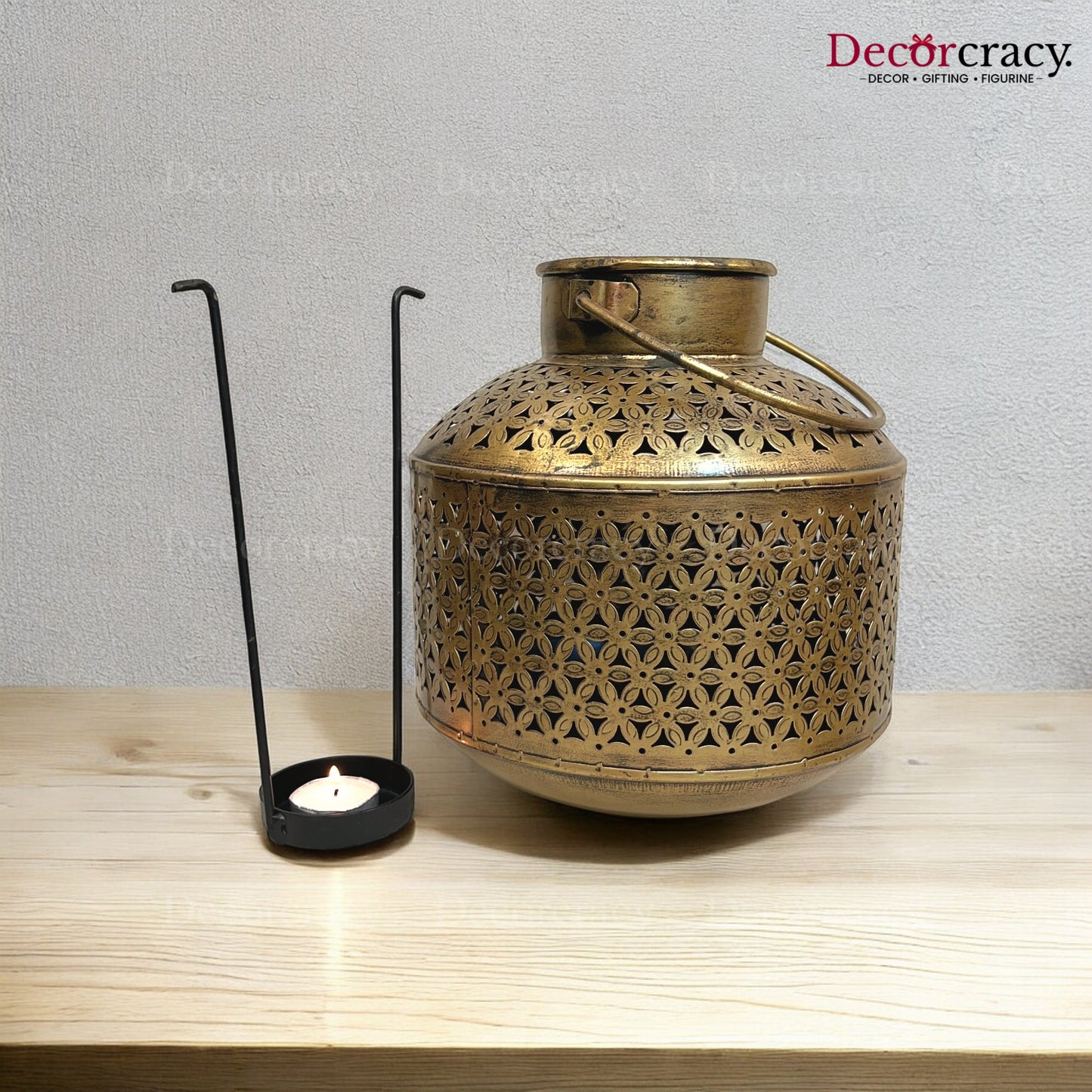 Pot Matka Iron Antique Golden Netted Design Tealight Candle Holder Stand Tribal Village Art
