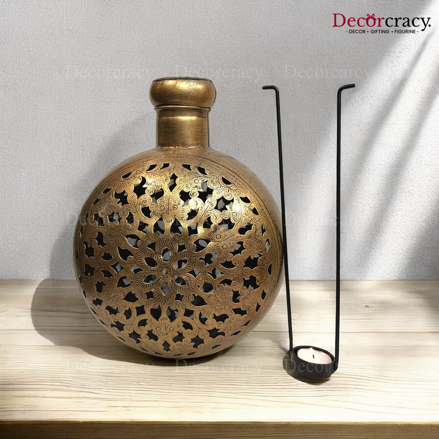 Matka Pot Iron Antique Golden Netted Design Tealight Candle Holder Flower Vase Stand Tribal Village Art