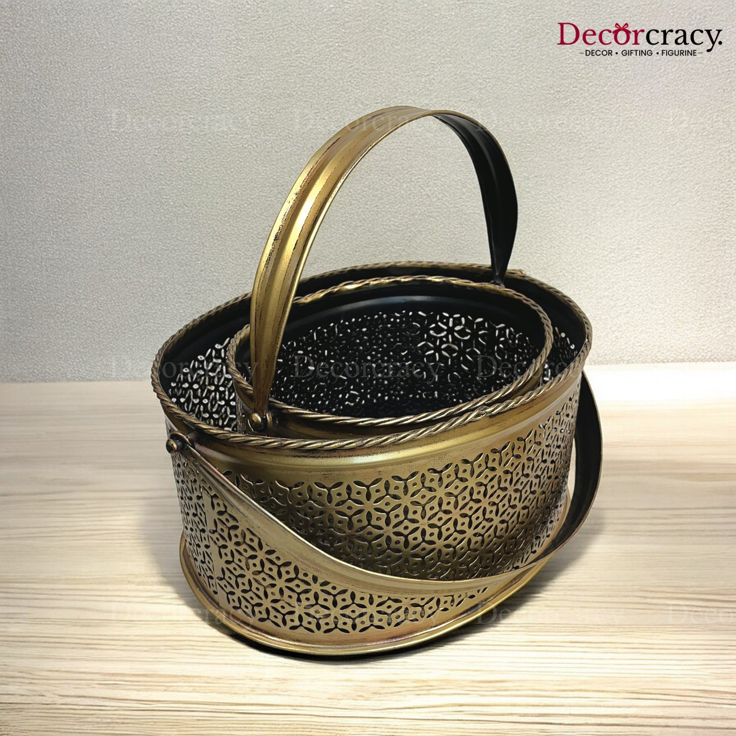 Multipurpose Basket Set of 2 Iron Antique Golden Flower Vase Newspaper Magazine Keeper Netted Design Tribal Village Art