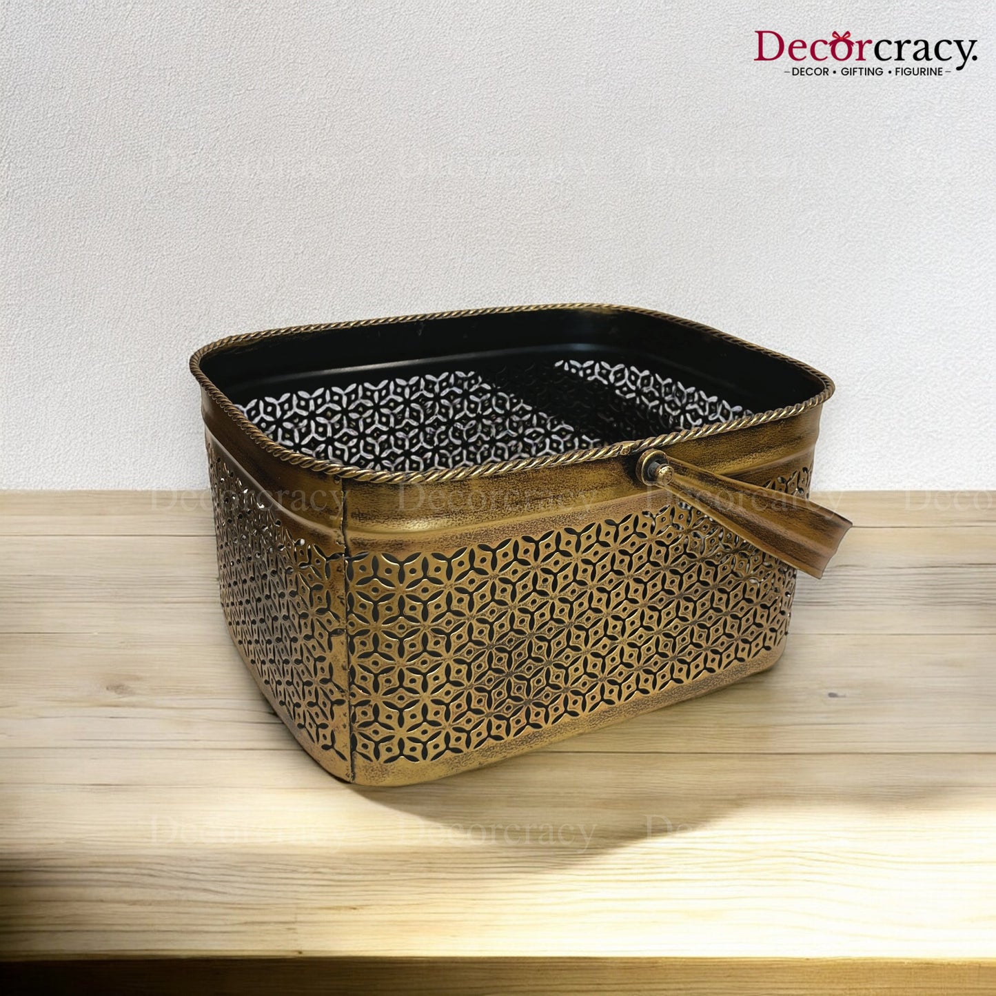 Multipurpose Basket Iron Antique Golden Flower Vase Newspaper Magazine Keeper Netted Design Tribal Village Art