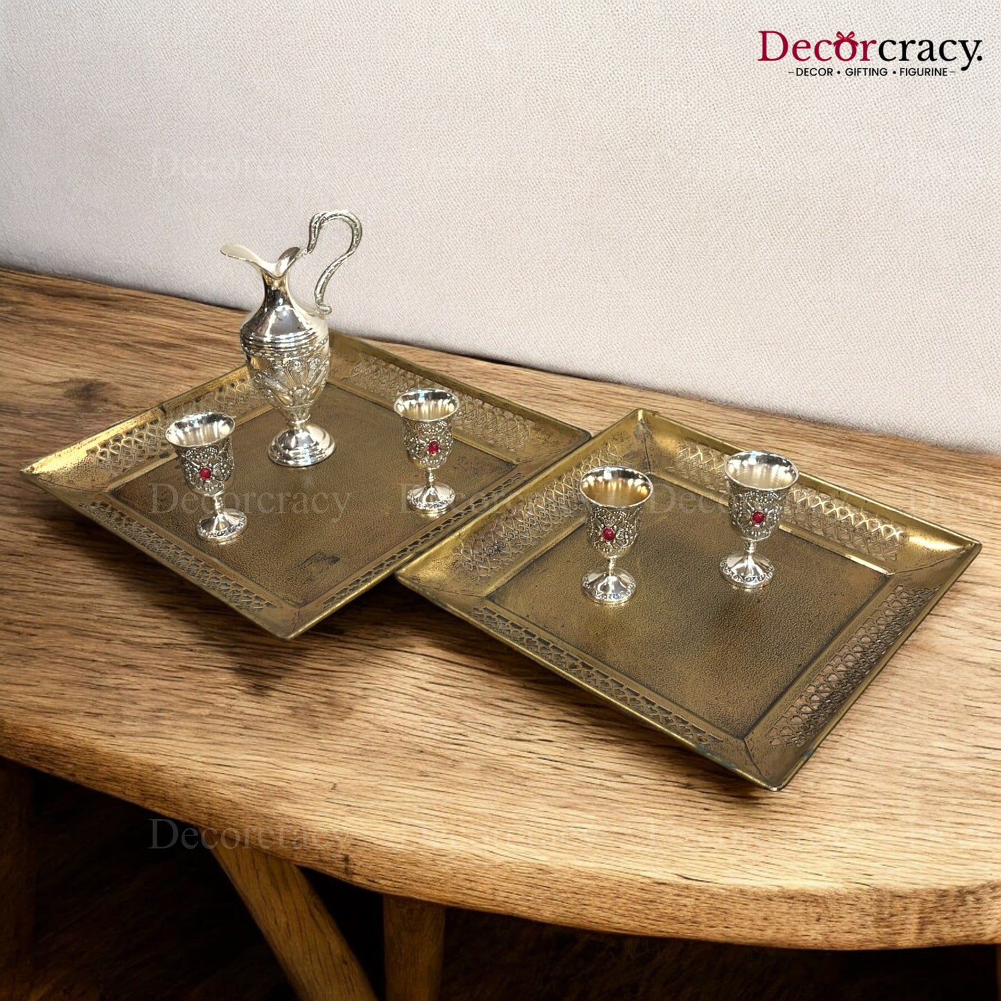 Serving Tray Square set of 2 Iron Antique Golden Netted Design Tribal Village Art