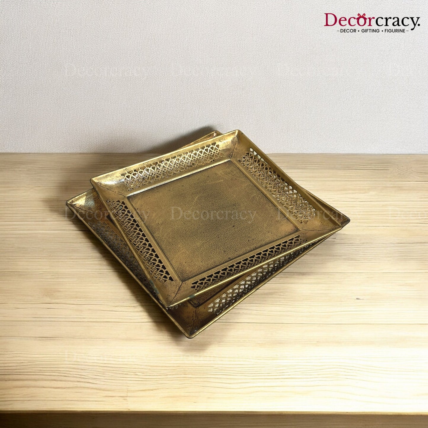 Serving Tray Square set of 2 Iron Antique Golden Netted Design Tribal Village Art