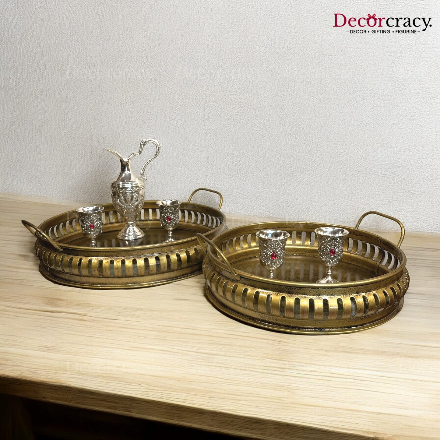 Serving Tray Round set of 2 Iron Antique Golden Netted Design Tribal Village Art