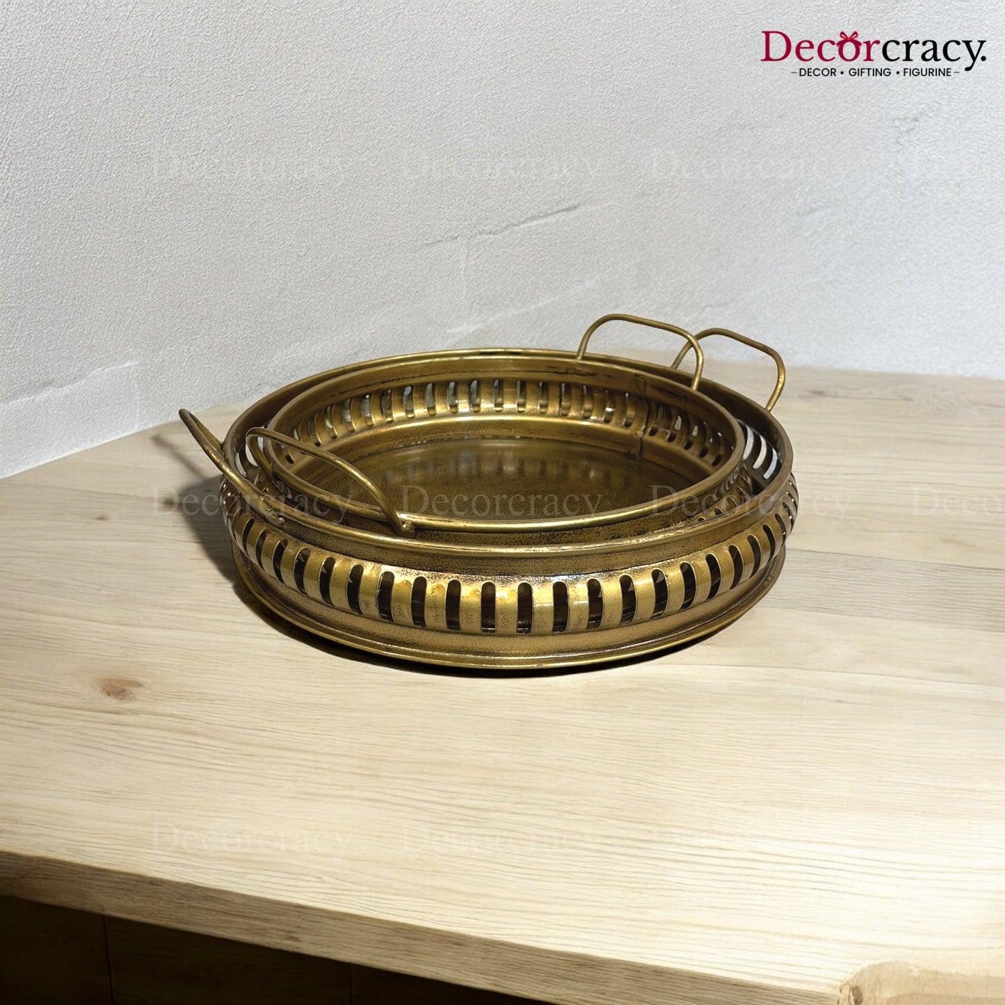 Serving Tray Round set of 2 Iron Antique Golden Netted Design Tribal Village Art