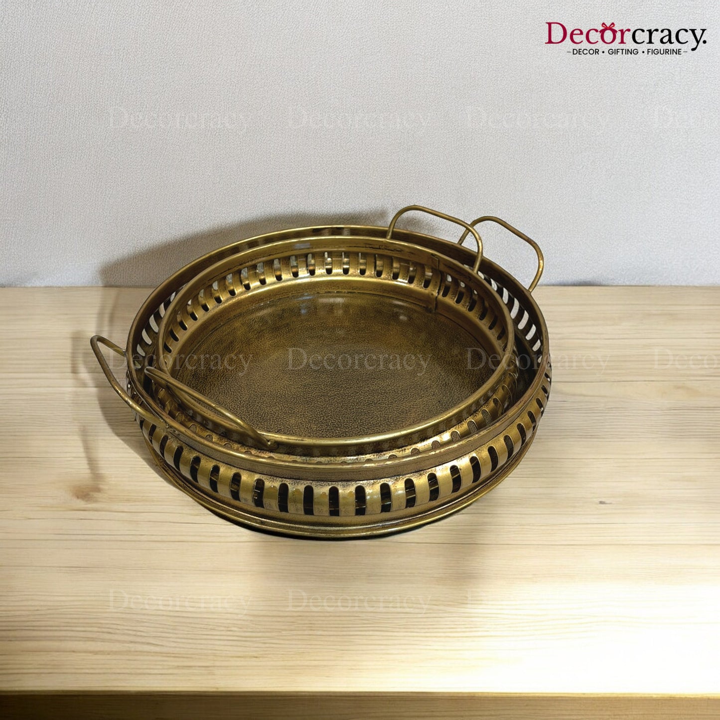 Serving Tray Round set of 2 Iron Antique Golden Netted Design Tribal Village Art