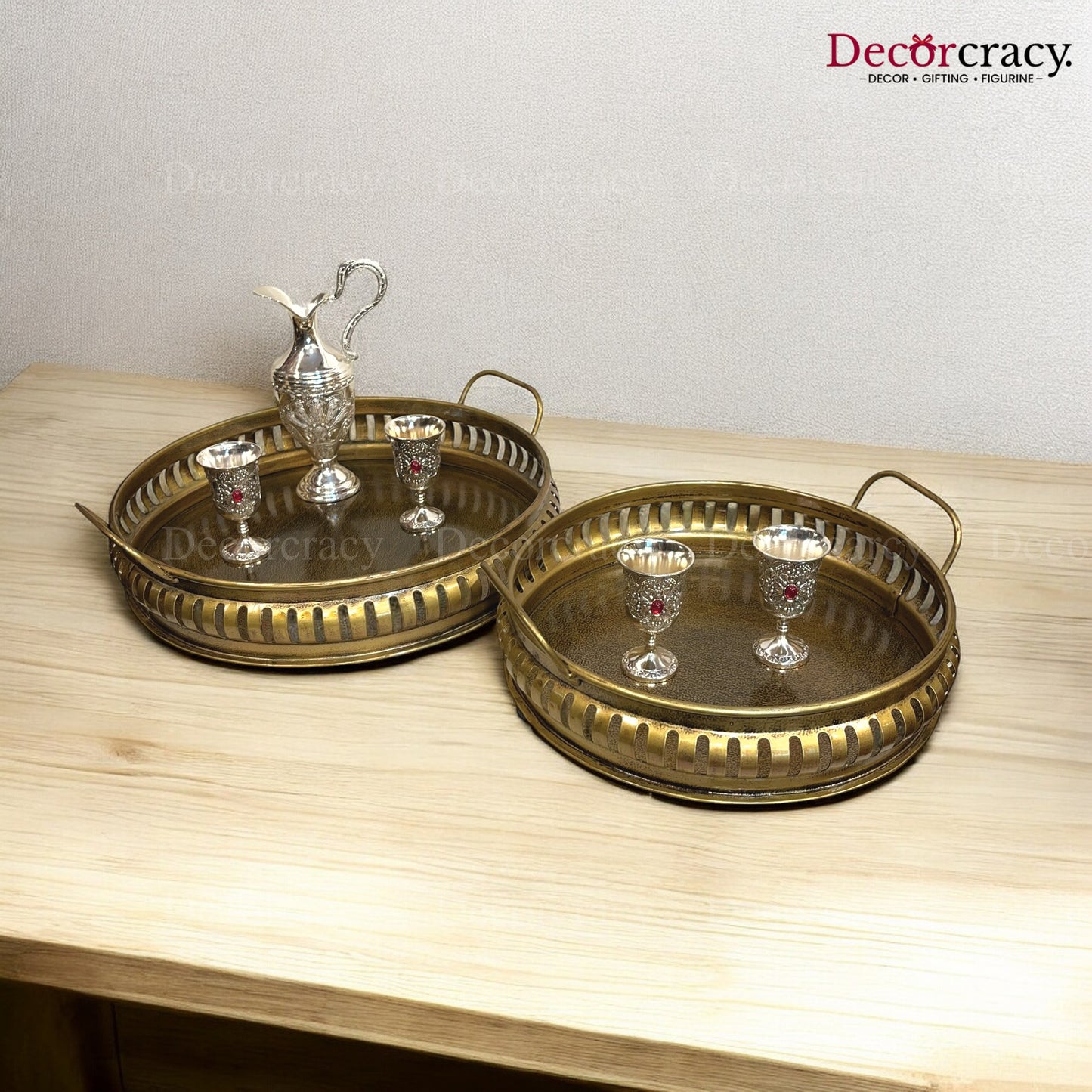 Serving Tray Round set of 2 Iron Antique Golden Netted Design Tribal Village Art