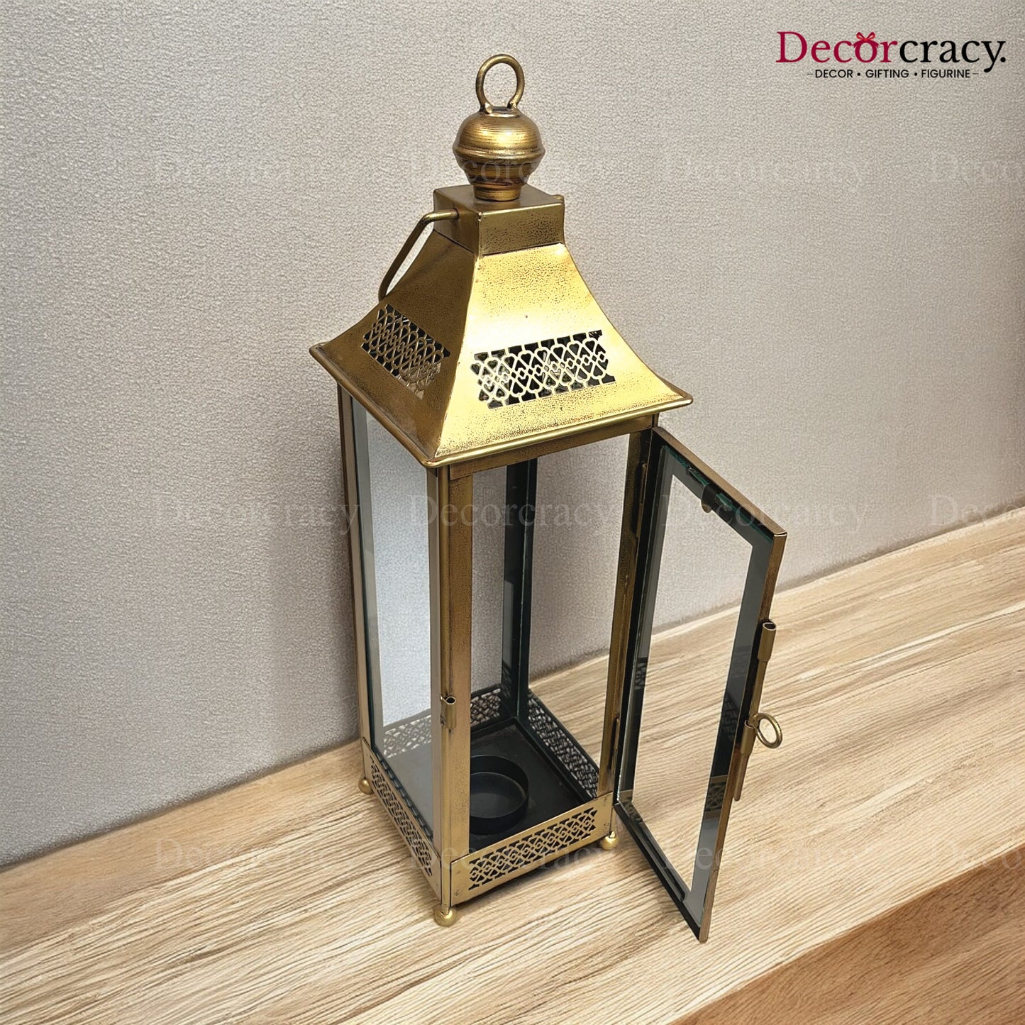 Lantern Glass Iron Big Antique Golden Netted Design Open Tealight Candle Holder Stand Tribal Village Modern Art