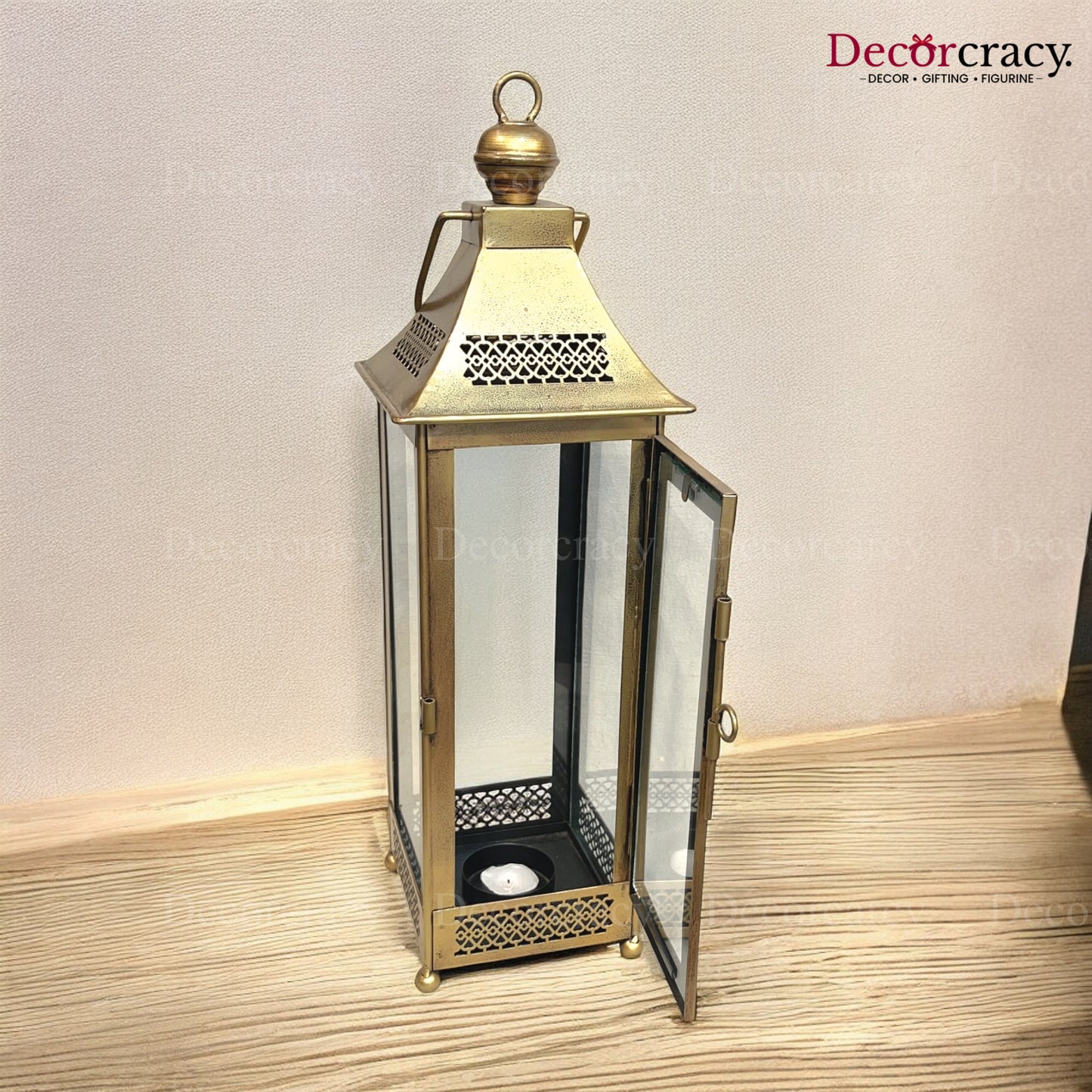 Lantern Glass Iron Big Antique Golden Netted Design Open Tealight Candle Holder Stand Tribal Village Modern Art