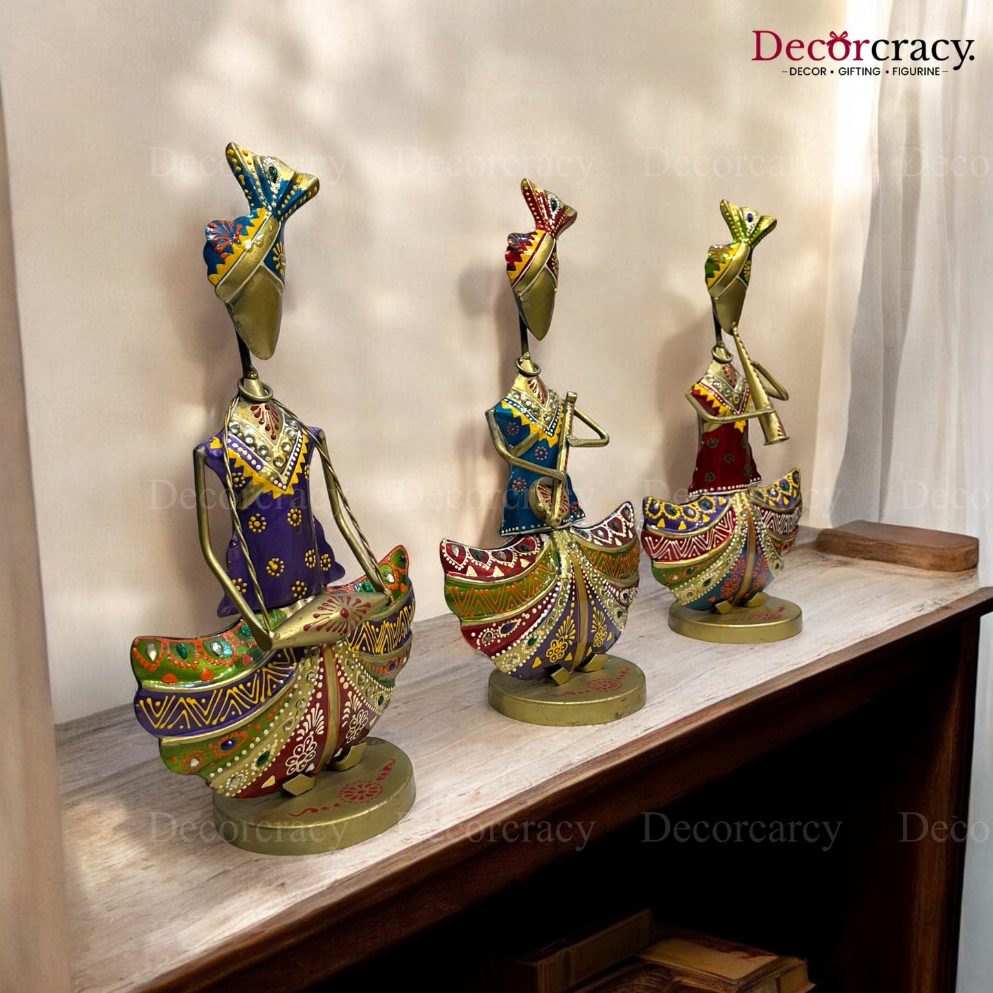 3pc Golden Musician Iron Showpieces Tribal Art Musical Instrument TV Unit Décor Tabletop