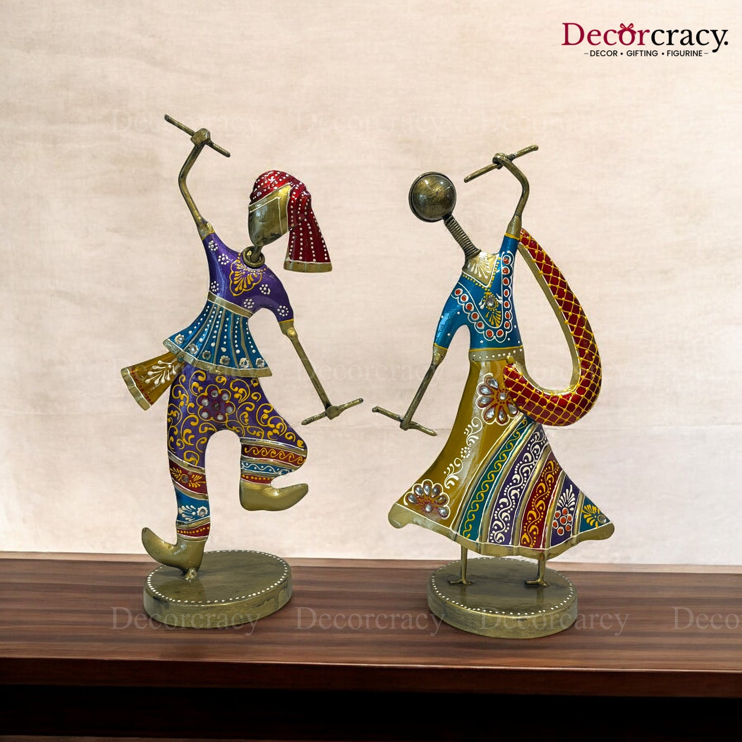 2pc Couple Garba Dancing Set Iron Showpieces Tribal Art Musical Instrument TV Unit Décor Tabletop