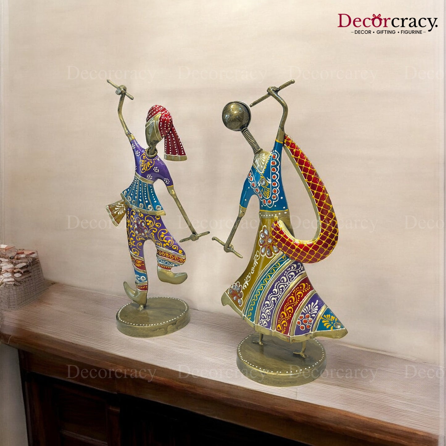 2pc Couple Garba Dancing Set Iron Showpieces Tribal Art Musical Instrument TV Unit Décor Tabletop