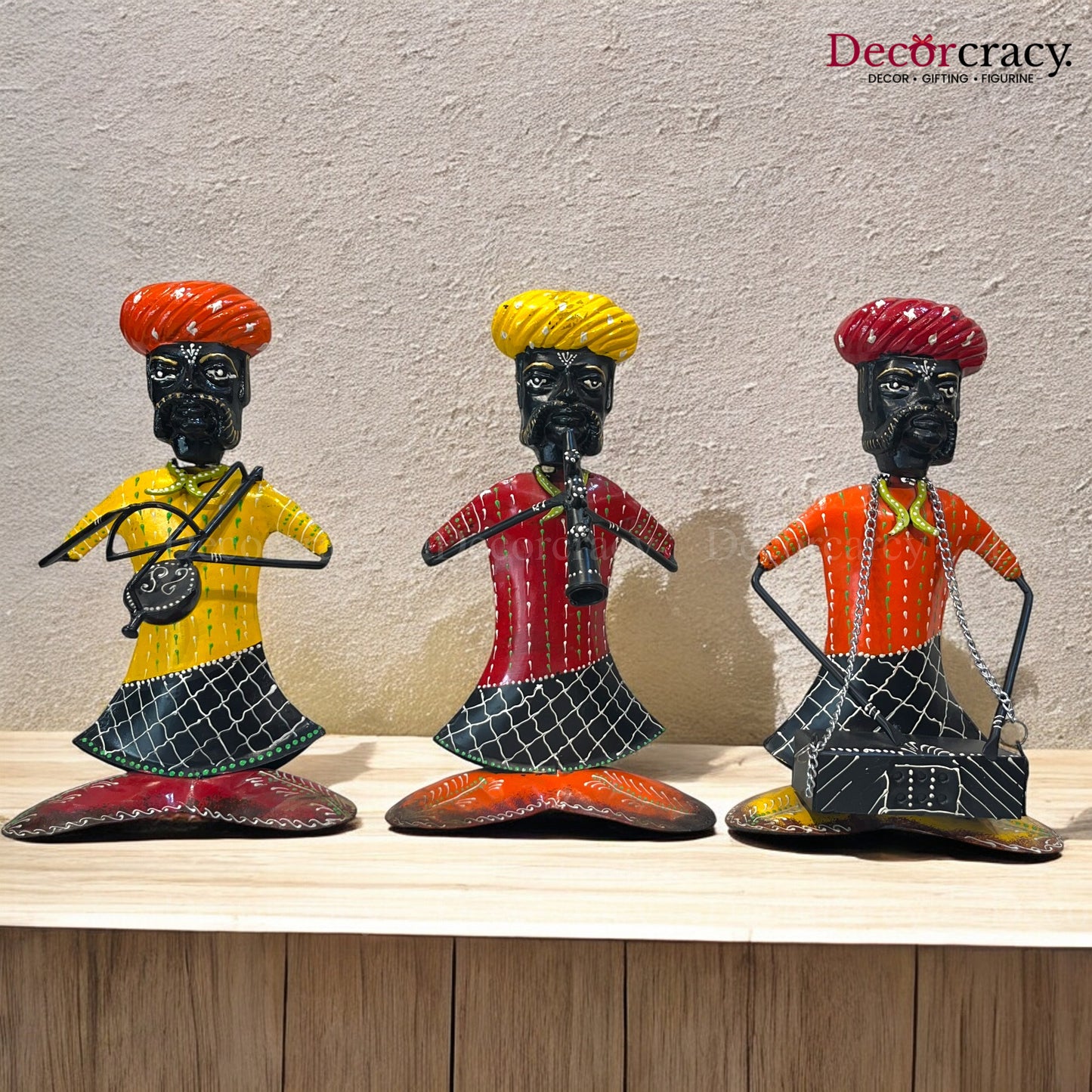 3pc Baarat Sitting Musician Iron Showpieces Tribal Art Musical Instrument TV Unit Décor Tabletop