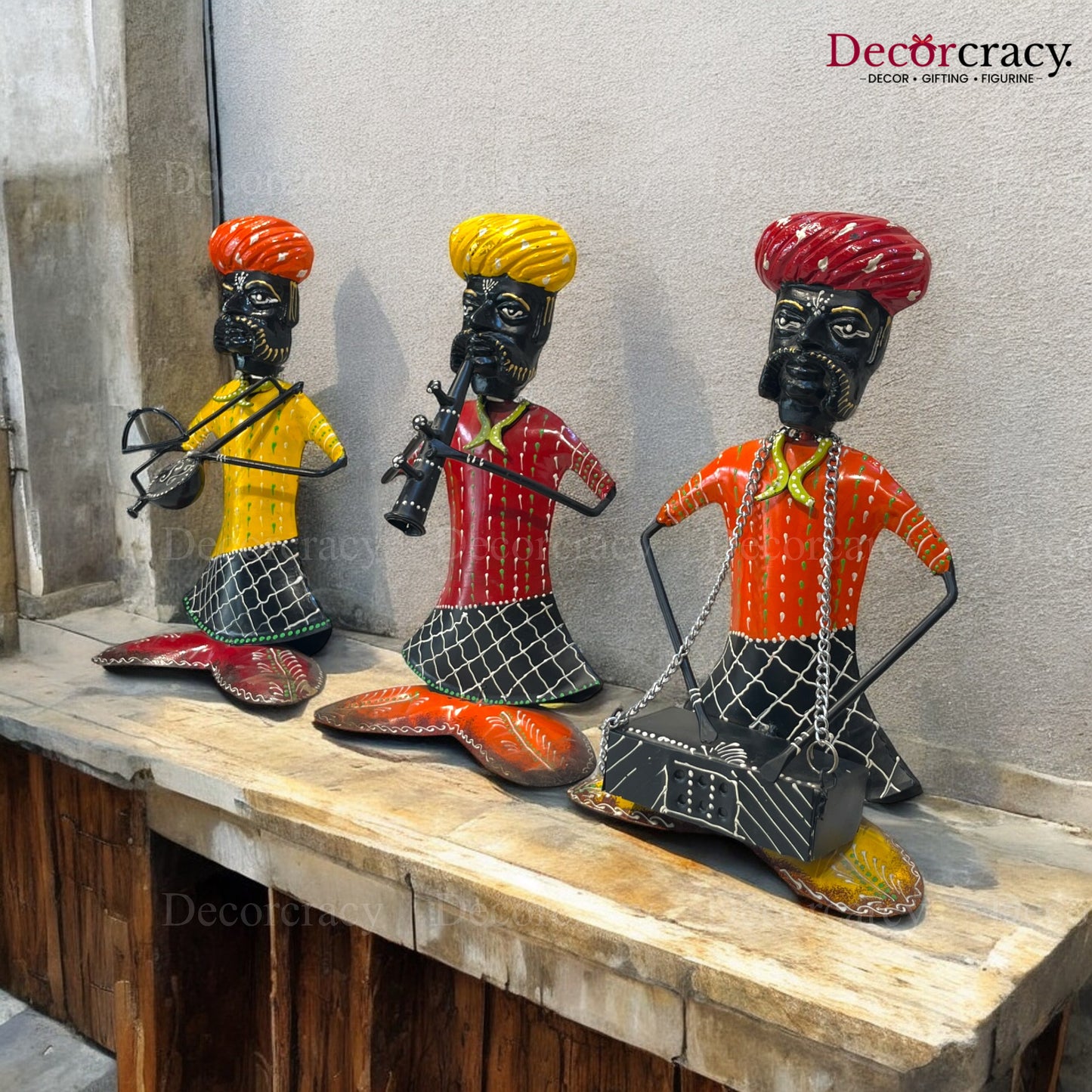 3pc Baarat Sitting Musician Iron Showpieces Tribal Art Musical Instrument TV Unit Décor Tabletop