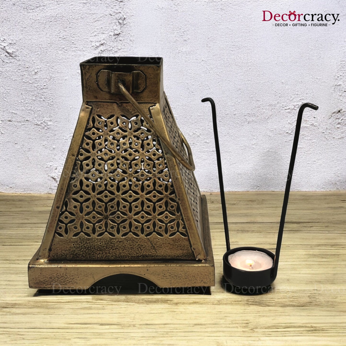 Lantern Iron Antique Golden Netted Design Tealight Candle Holder Stand Tribal Village Art