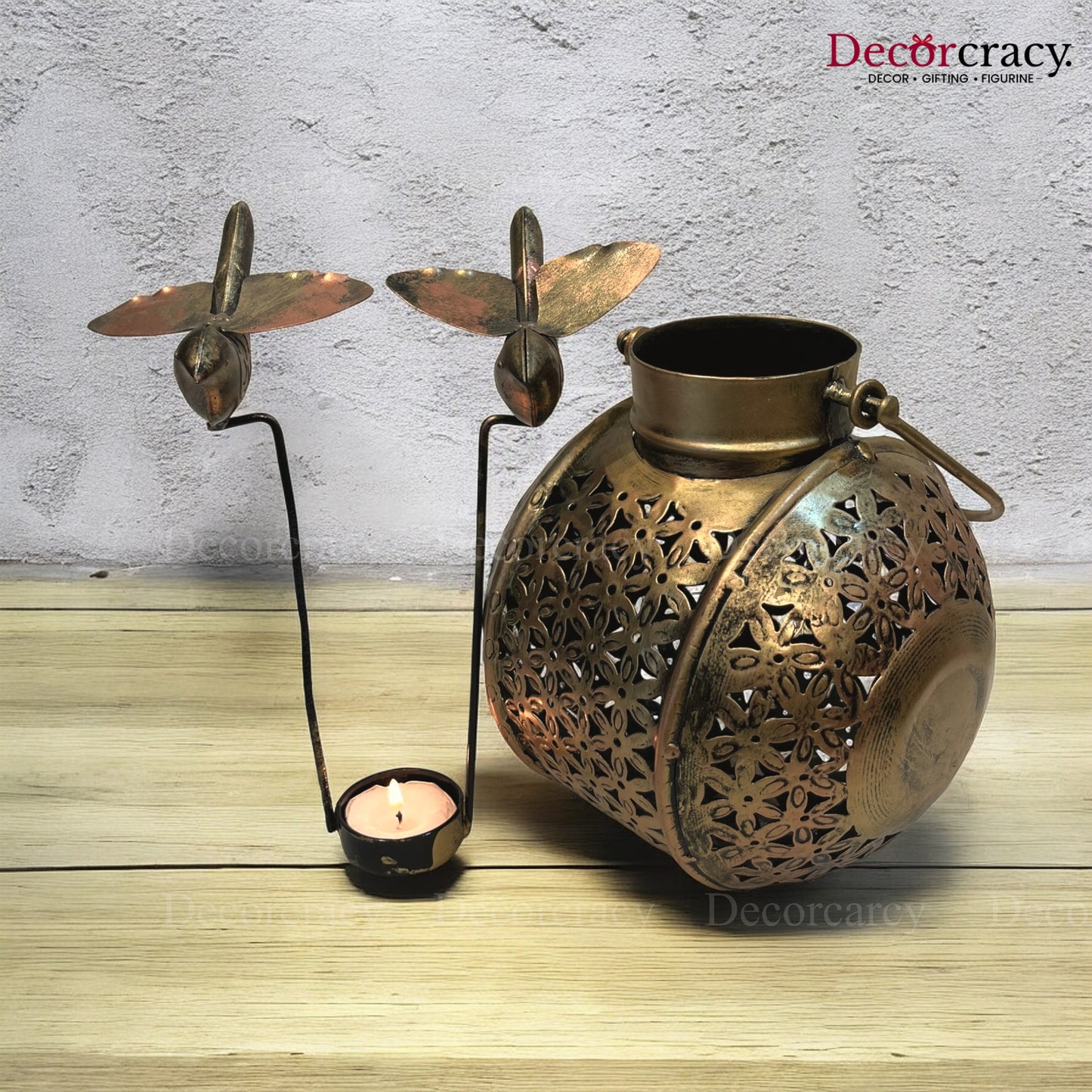 Pot Bird Matka Iron Antique Golden Netted Design Tealight Candle Holder Stand Tribal Village Art