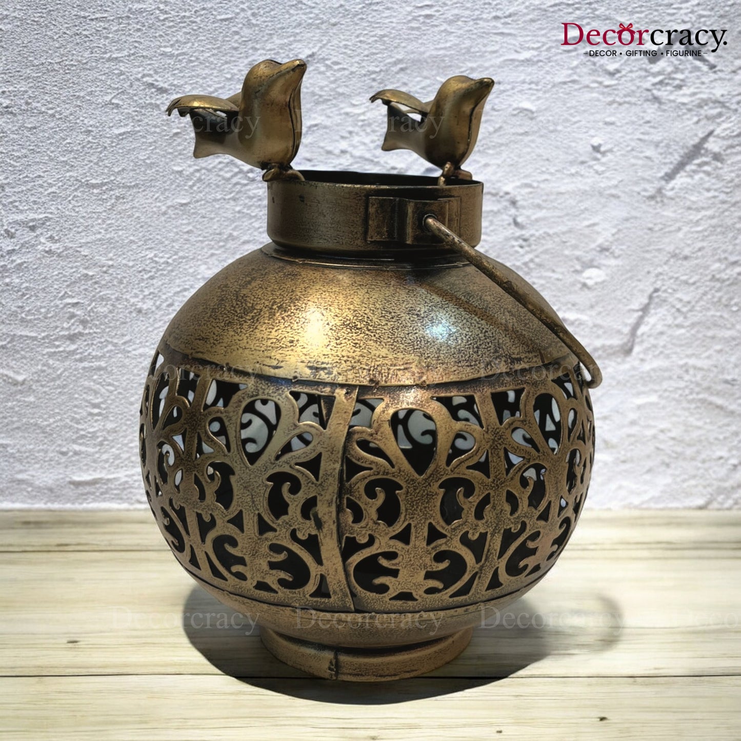 Pot Bird Matka Iron Antique Golden Netted Design Tealight Candle Holder Stand