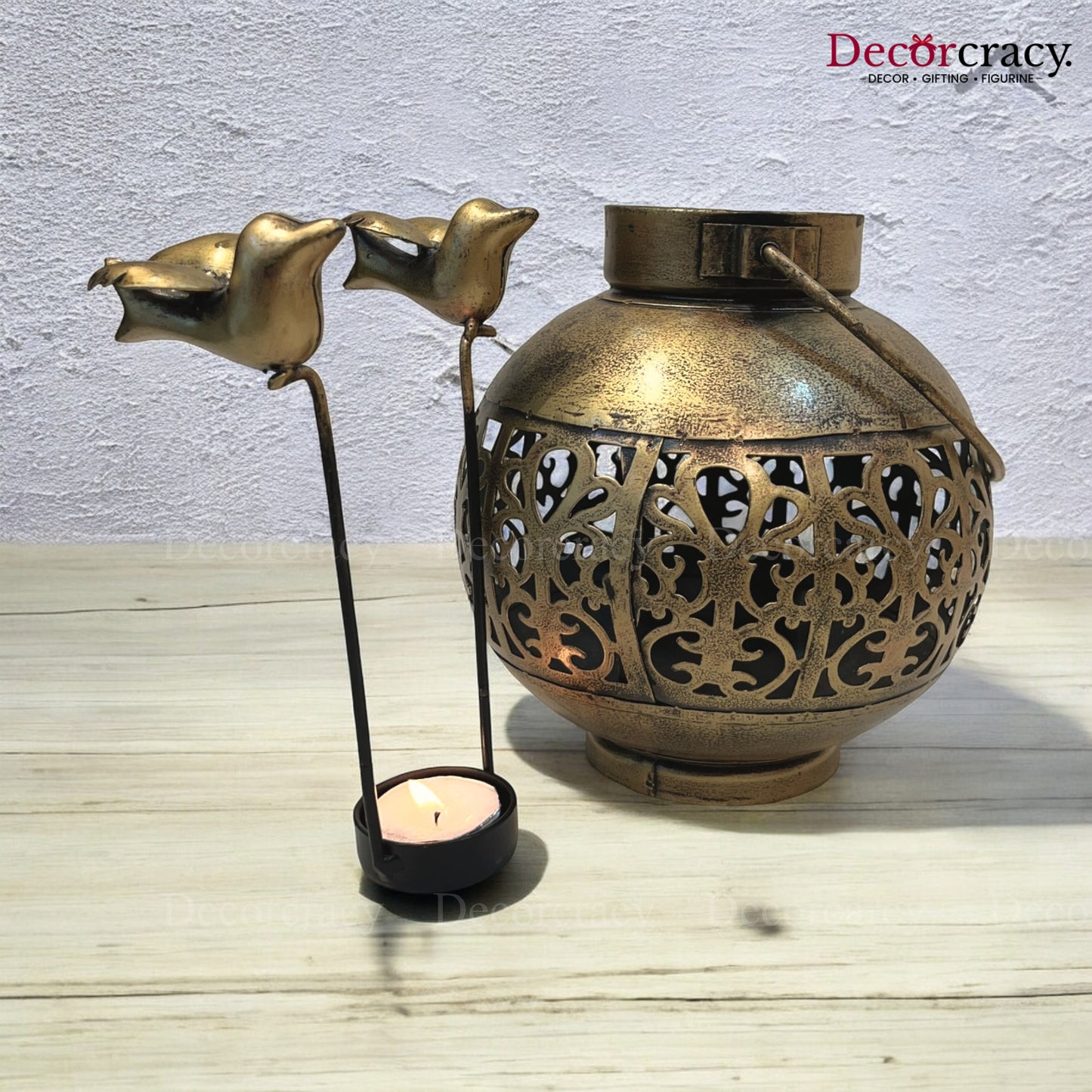 Pot Bird Matka Iron Antique Golden Netted Design Tealight Candle Holder Stand