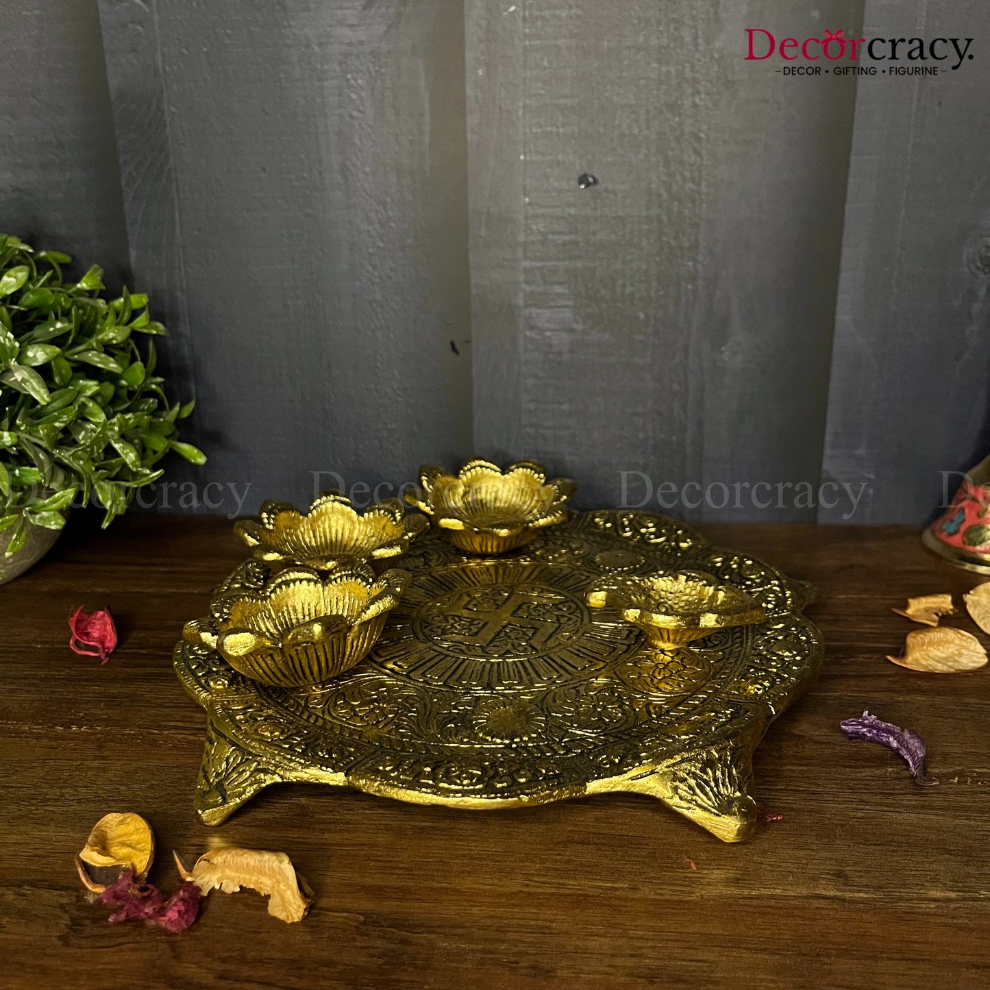 Pooja Thali with 3 Bowl 1 Diya Metal golden