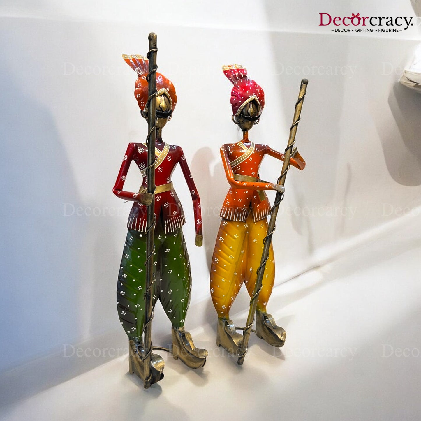 2pc Rajasthani Guard Musician Iron Showpieces Tribal Art Musical Instrument TV Unit Décor Tabletop