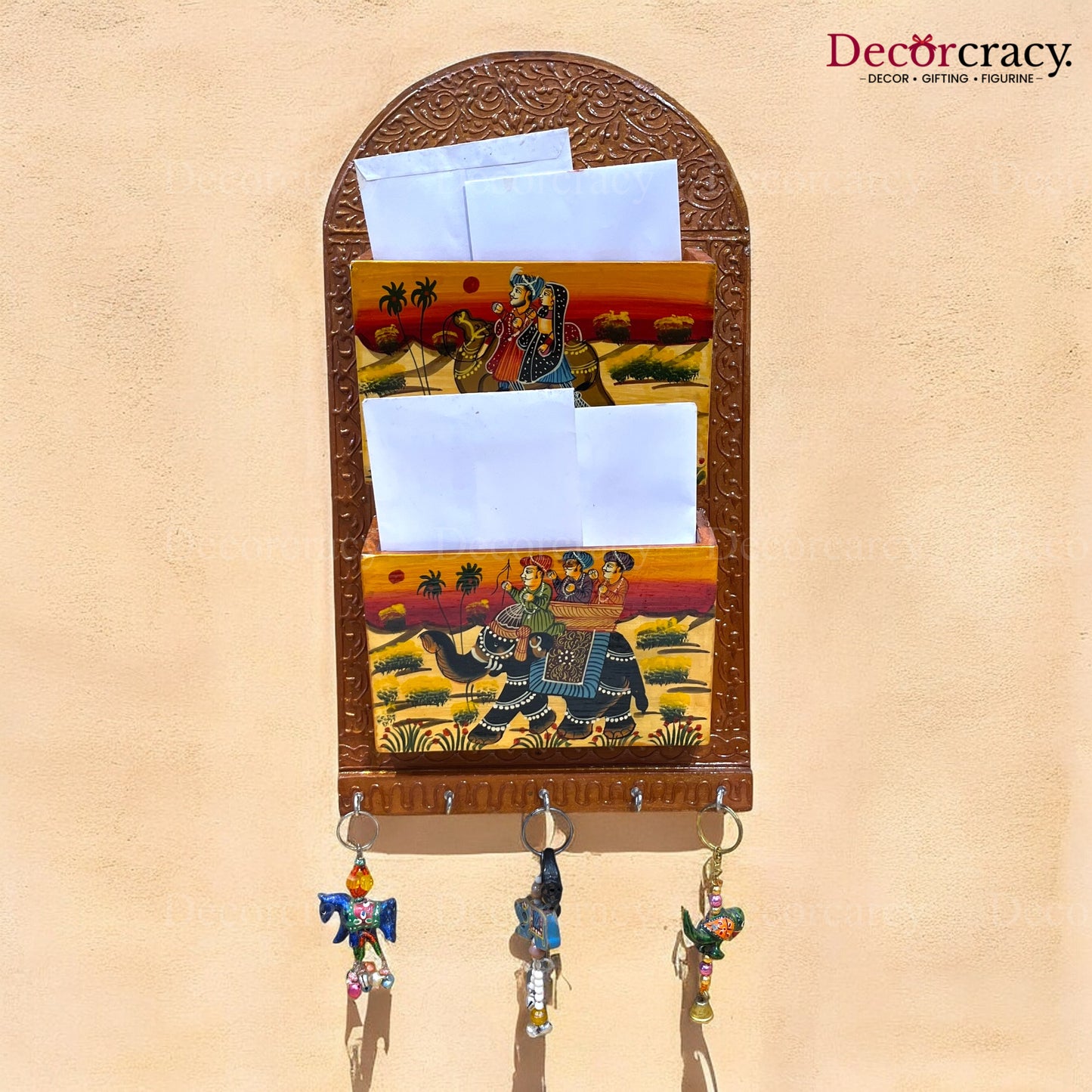 5 Hook Hanging Key Holder Double Letter Holder Hand Painted Wooden Rajasthani Art