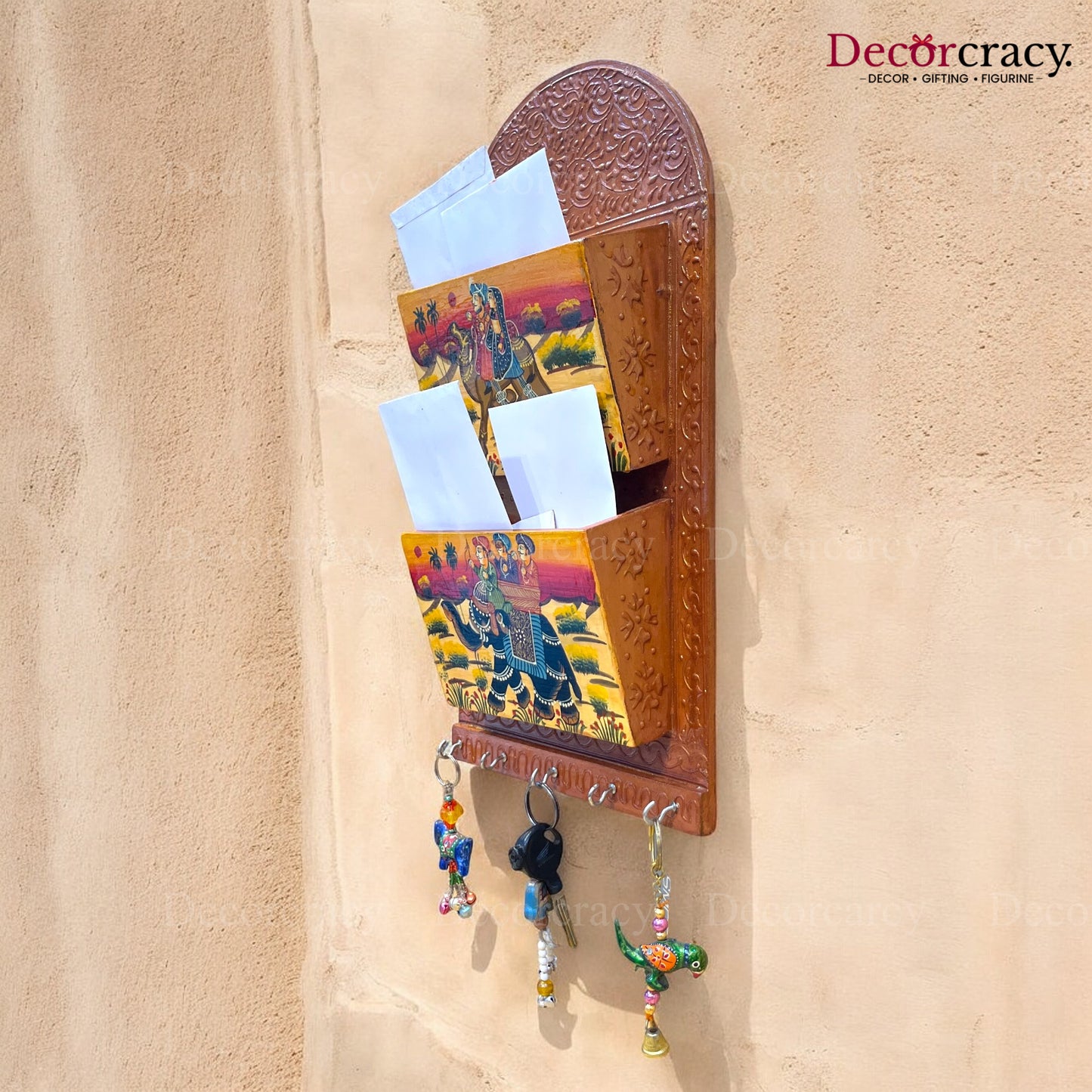 5 Hook Hanging Key Holder Double Letter Holder Hand Painted Wooden Rajasthani Art