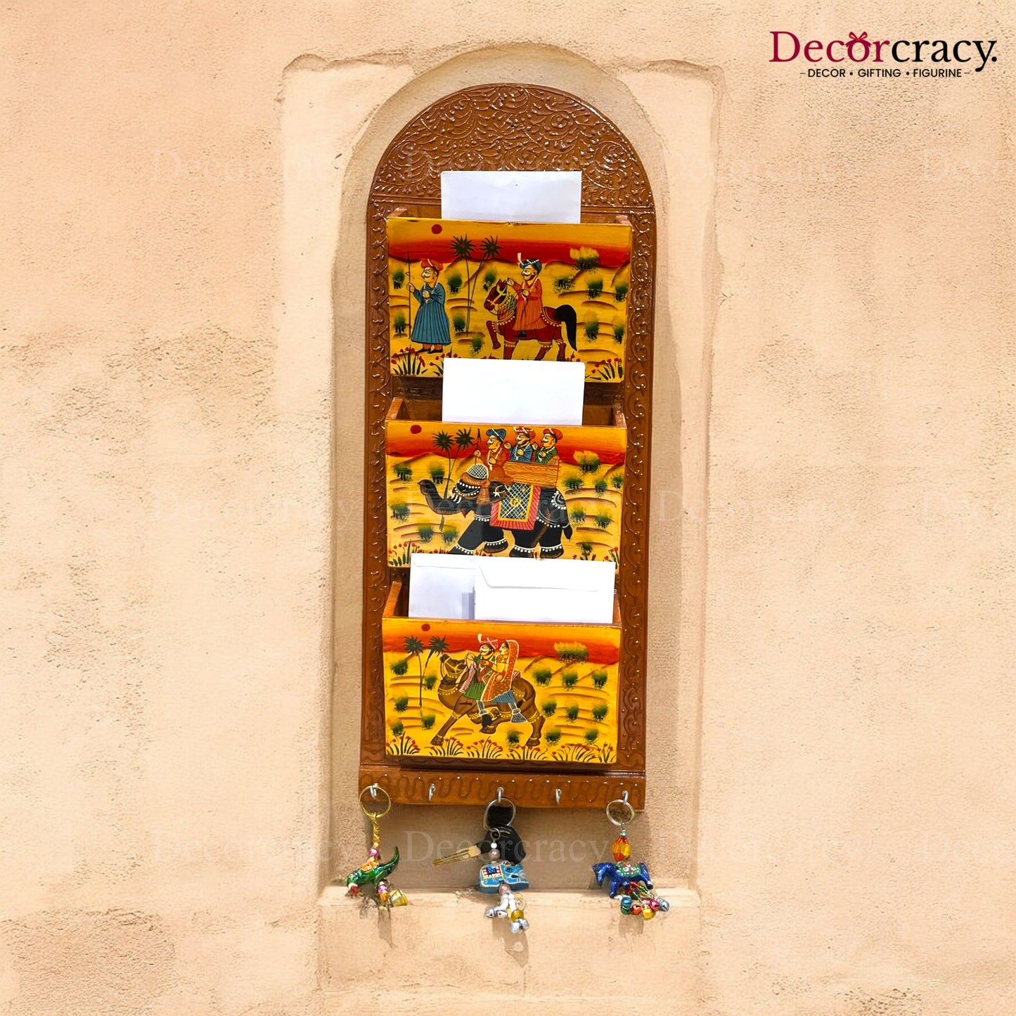 5 Hook Hanging Key Holder Triple Letter Holder Hand Painted Wooden Rajasthani Art