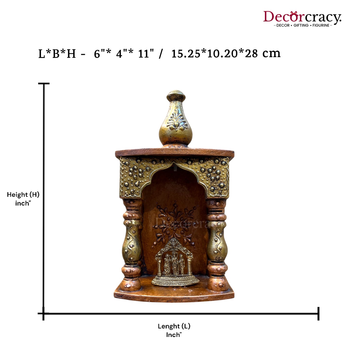 Mandir Wooden Antique Copper Hand Painted Wall Mounted Temple 12"