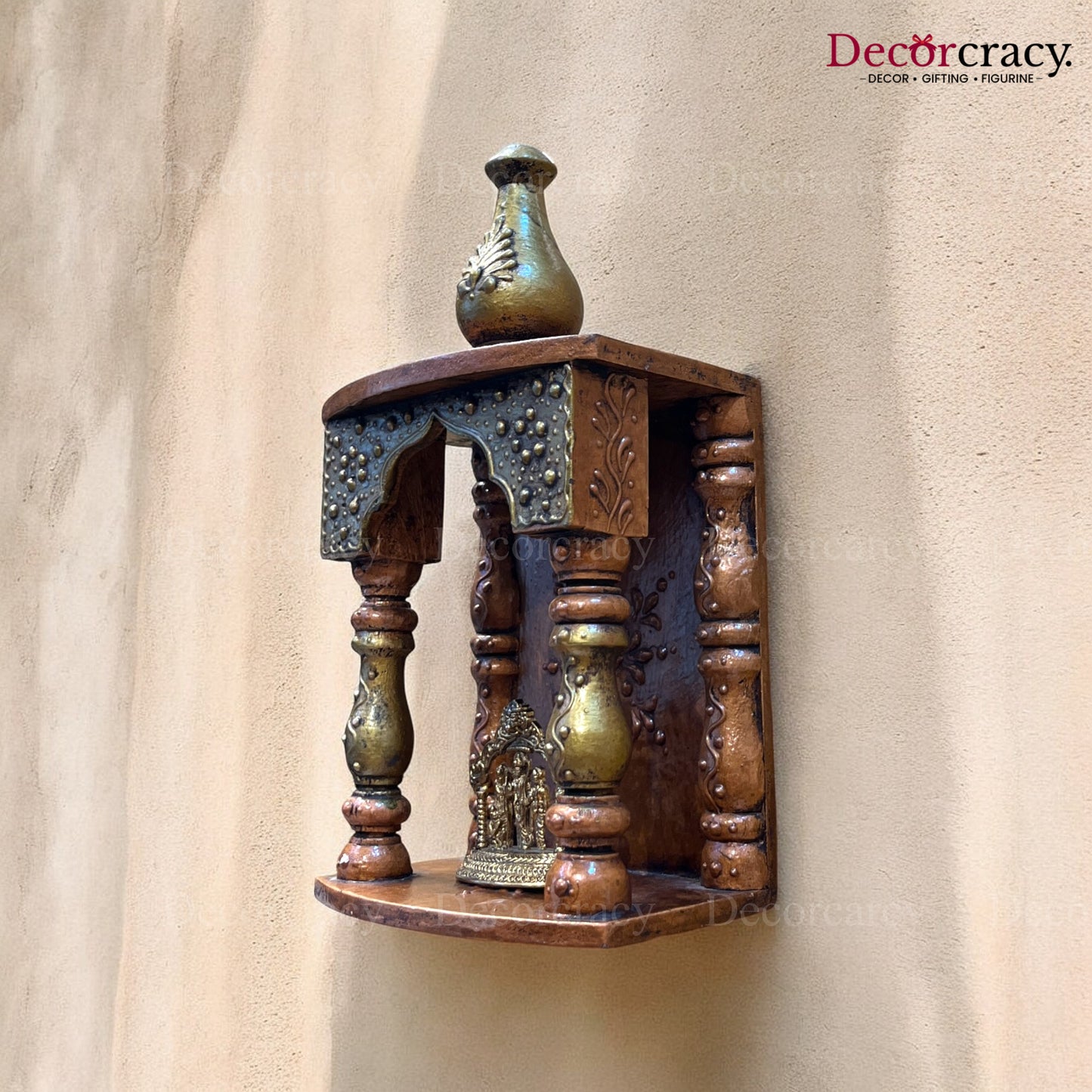 Mandir Wooden Antique Copper Hand Painted Wall Mounted Temple 12"