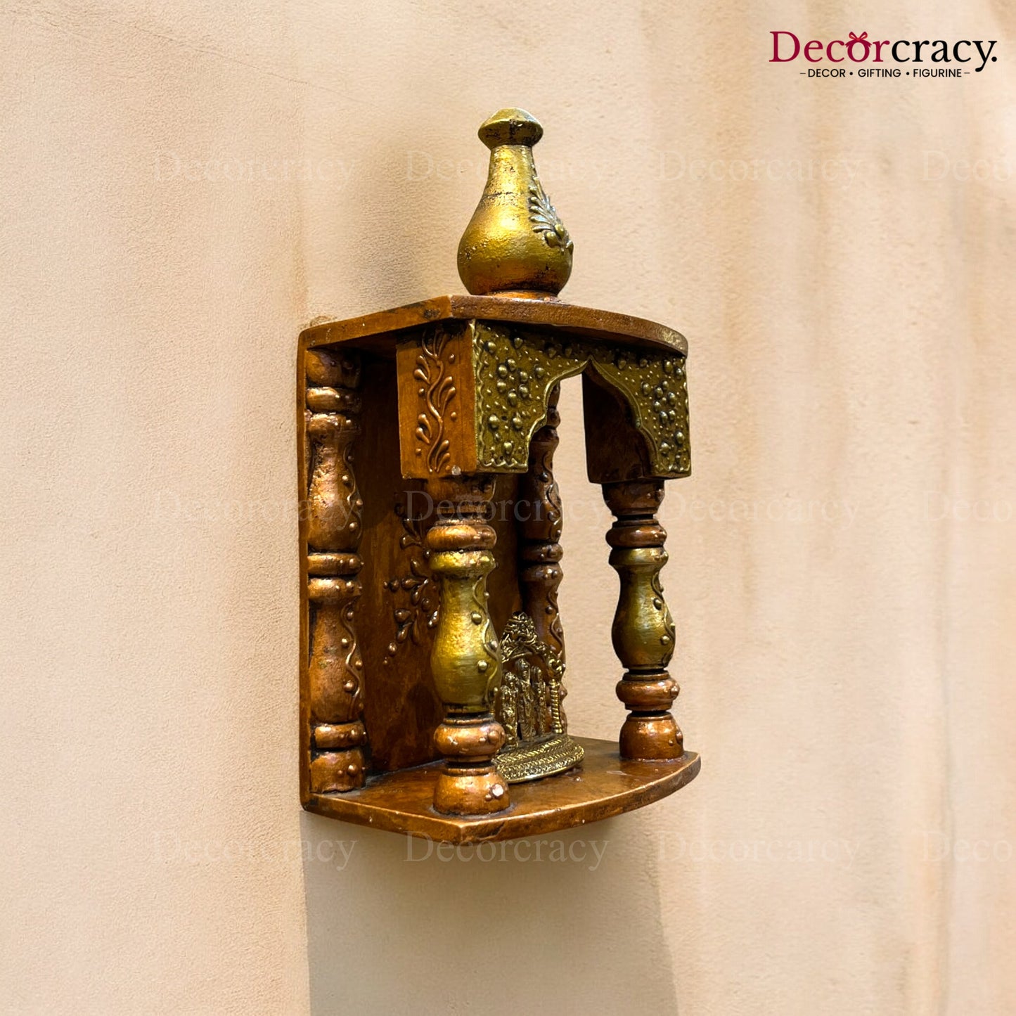 Mandir Wooden Antique Copper Hand Painted Wall Mounted Temple 12"